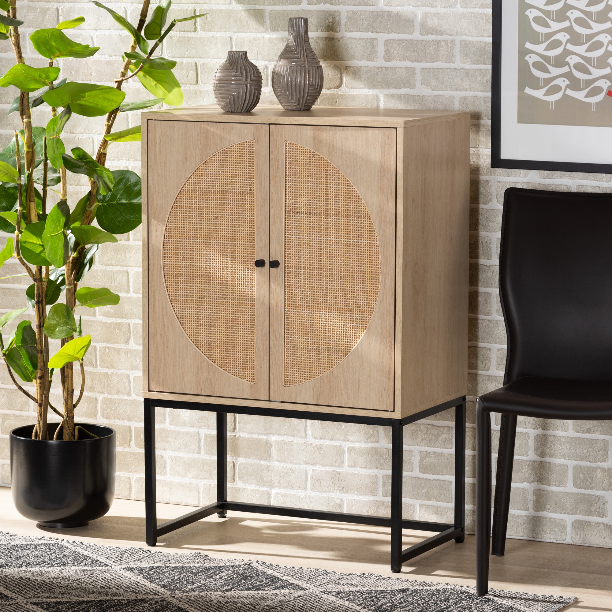 Baxton Studio Ardon Bohemian Light Brown Finished Wood and Black Metal 2-Door Storage Cabinet with Natural Rattan