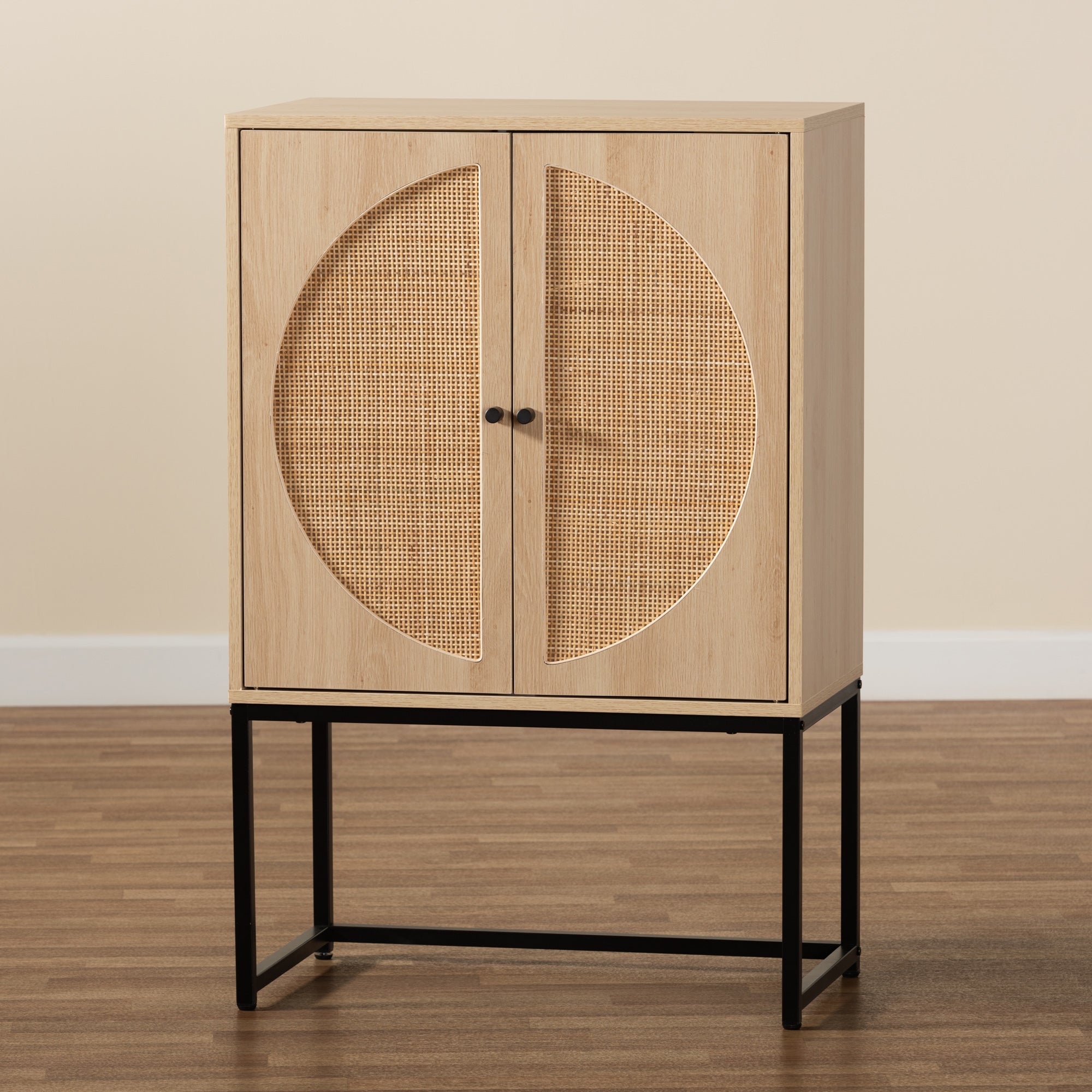 Baxton Studio Ardon Bohemian Light Brown Finished Wood and Black Metal 2-Door Storage Cabinet with Natural Rattan