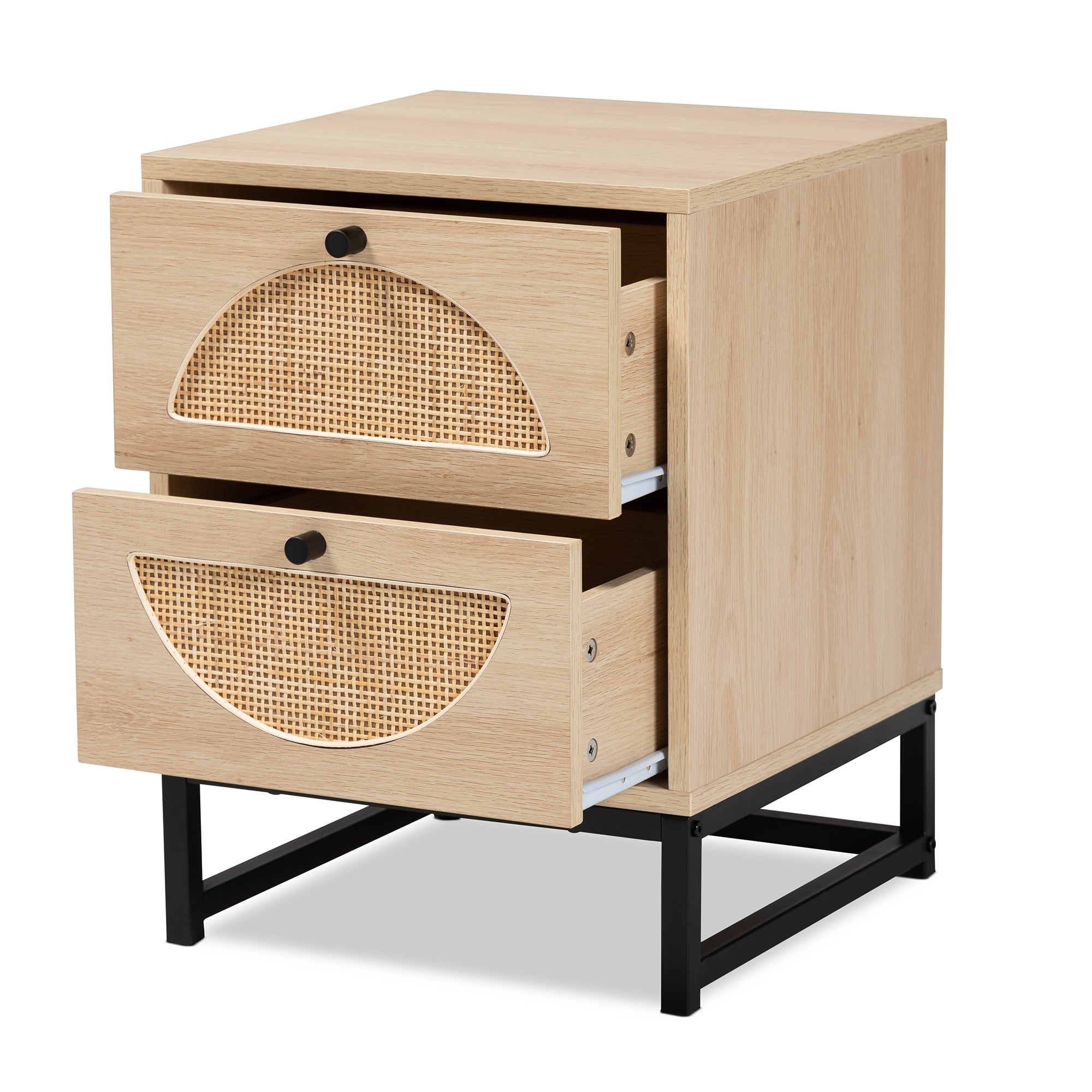 Baxton Studio Ardon Bohemian Light Brown Finished Wood and Black Metal 2-Drawer End Table with Natural Rattan