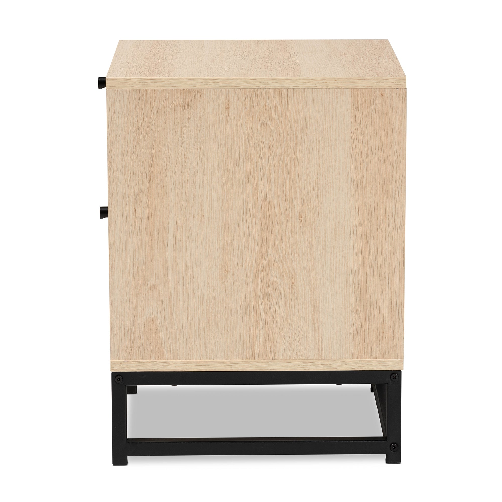 Baxton Studio Ardon Bohemian Light Brown Finished Wood and Black Metal 2-Drawer End Table with Natural Rattan