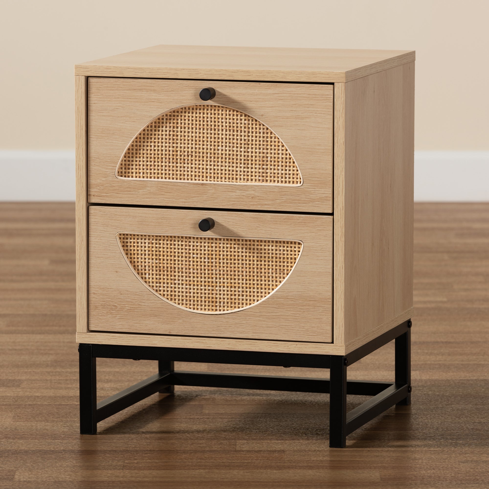 Baxton Studio Ardon Bohemian Light Brown Finished Wood and Black Metal 2-Drawer End Table with Natural Rattan
