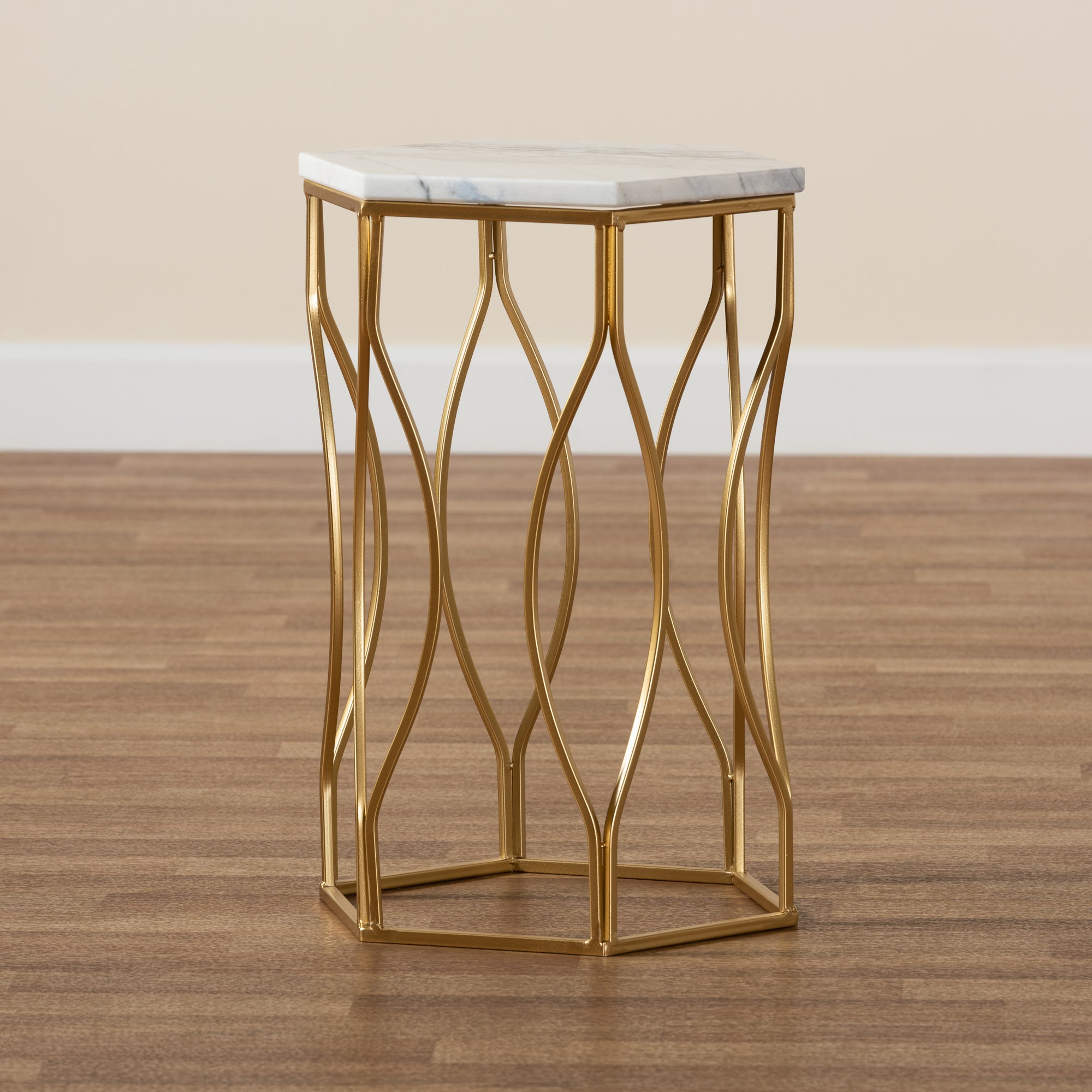 Baxton Studio Kalena Modern and Contemporary Gold Metal End Table with Marble Tabletop