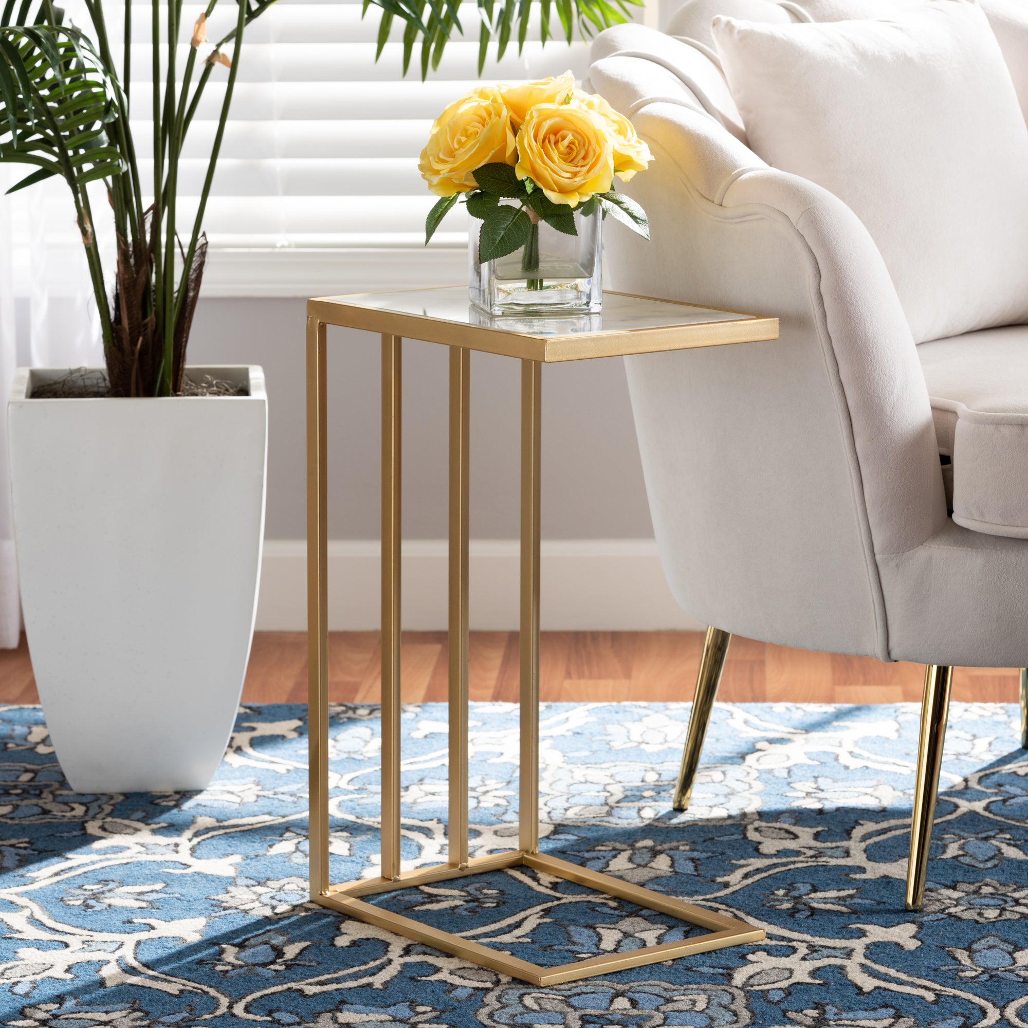 Baxton Studio Parkin Modern and Contemporary Gold Finished Metal C Shaped End Table with Marble Tabletop