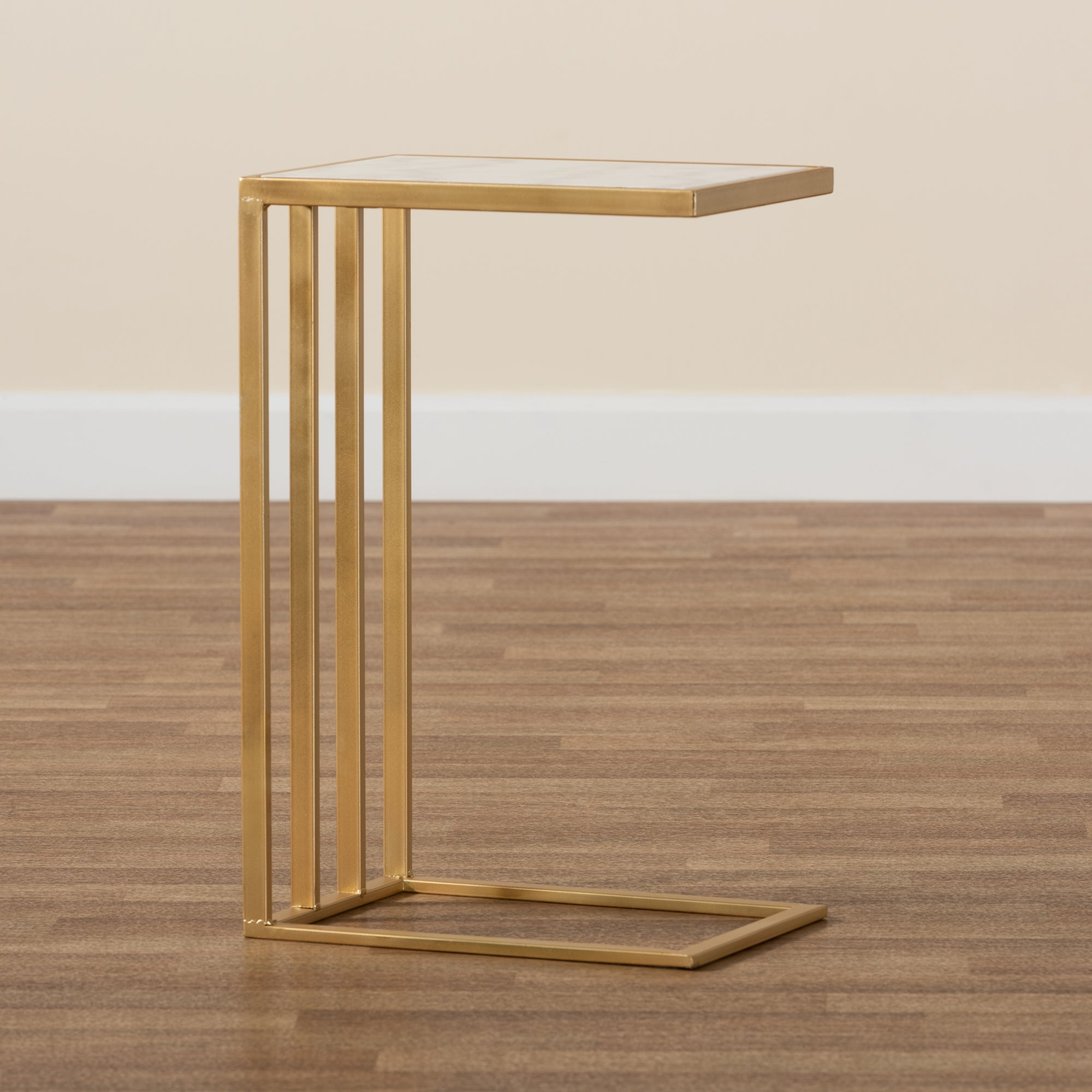Baxton Studio Parkin Modern and Contemporary Gold Finished Metal C Shaped End Table with Marble Tabletop
