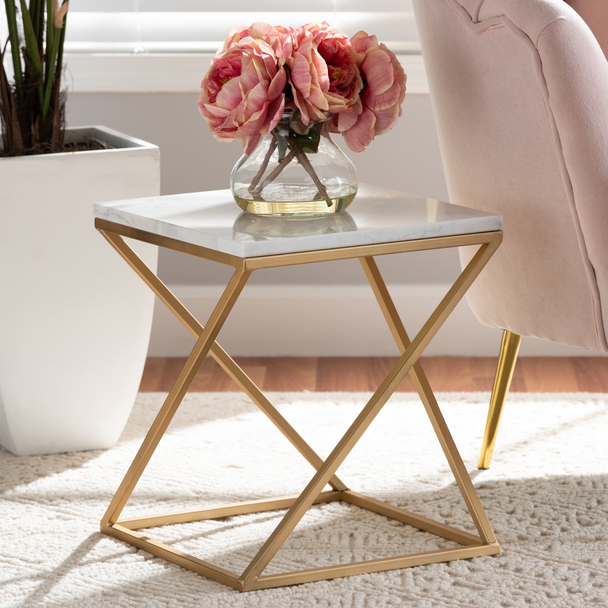 Baxton Studio Hadley Modern and Contemporary Gold Finished Metal End Table with Marble Tabletop