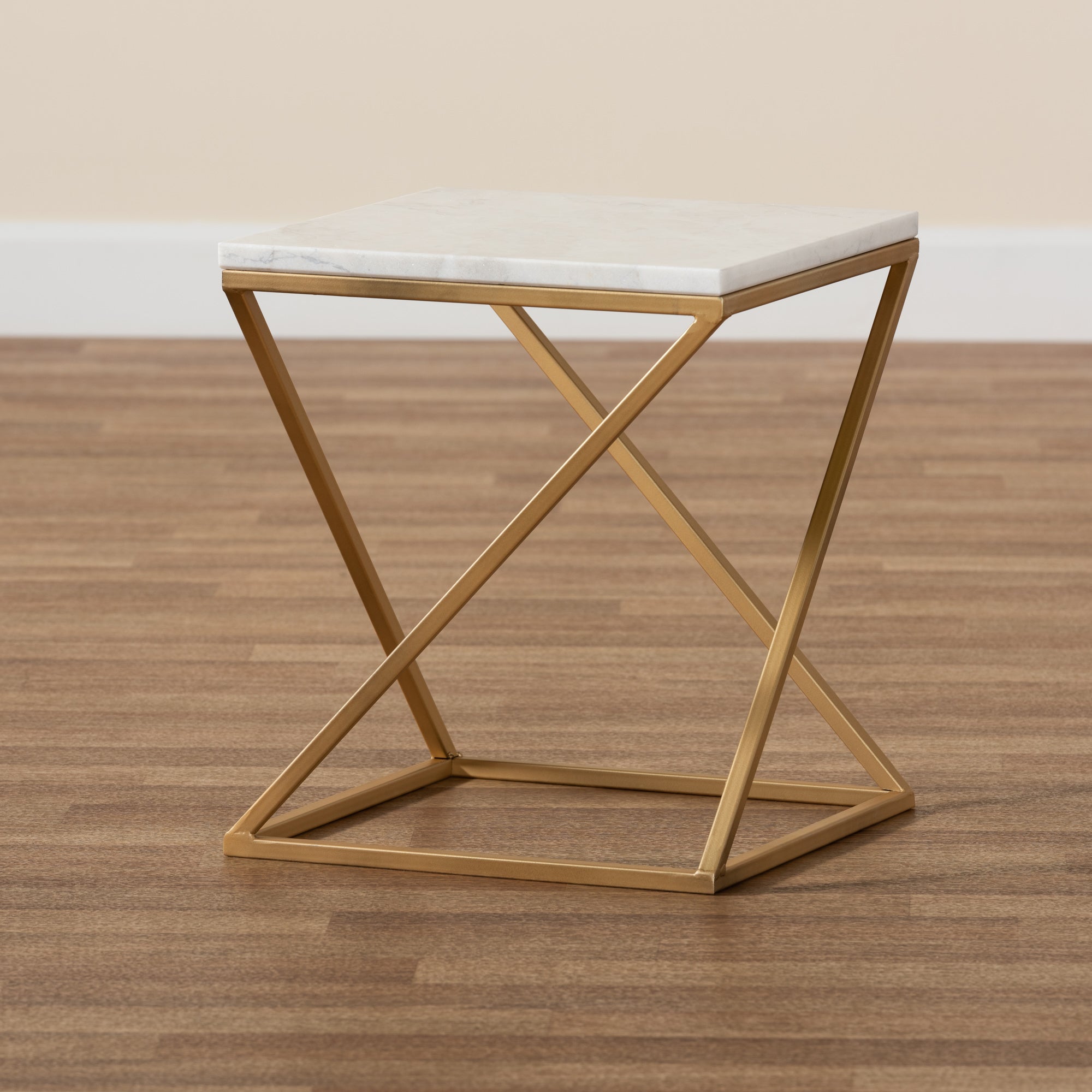 Baxton Studio Hadley Modern and Contemporary Gold Finished Metal End Table with Marble Tabletop