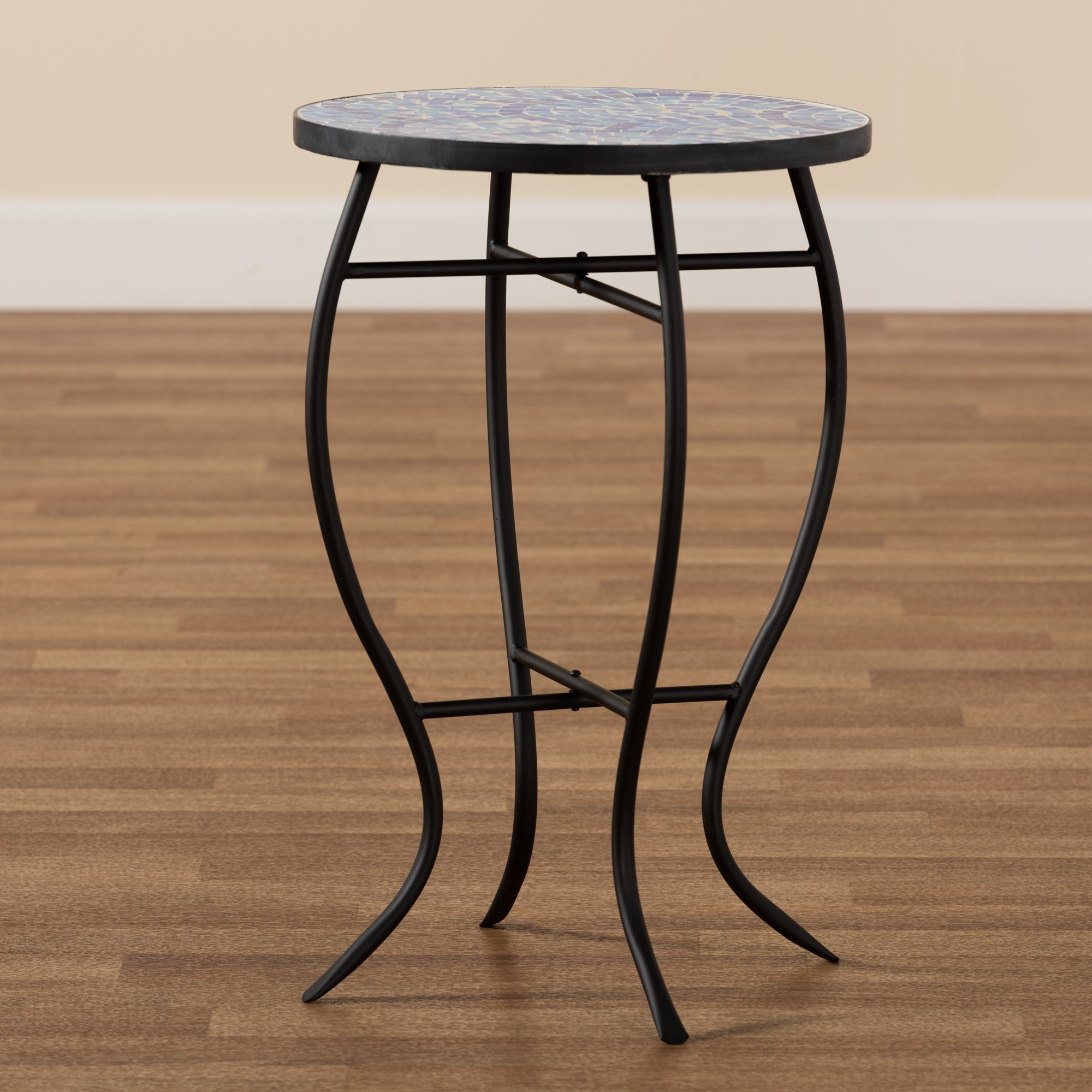 Baxton Studio Gaenor Modern and Contemporary Black Metal and Blue Glass Plant Stand