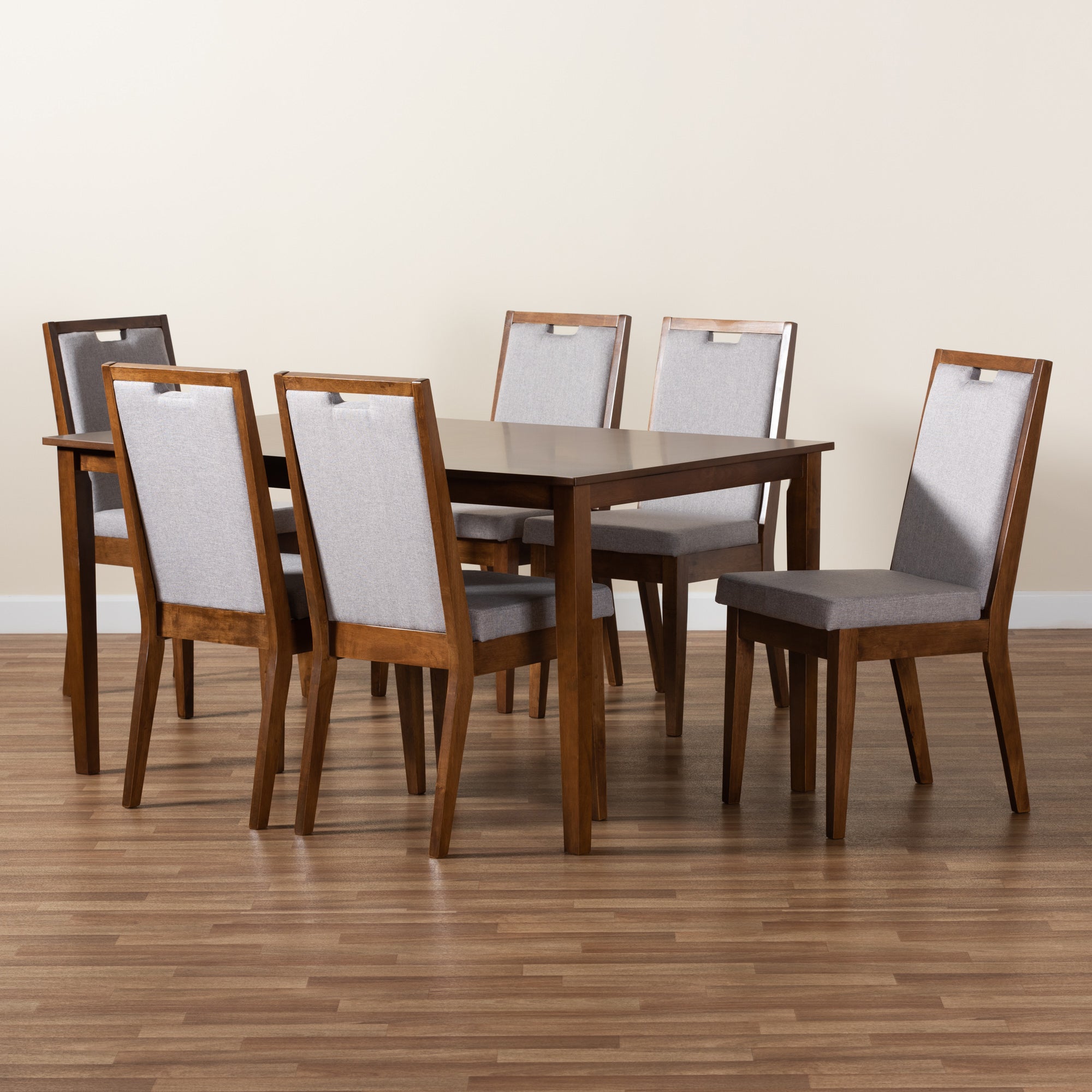 Baxton Studio Rosa Modern and Contemporary Grey Fabric Upholstered and Walnut Brown Finished Wood 7-Piece Dining Set