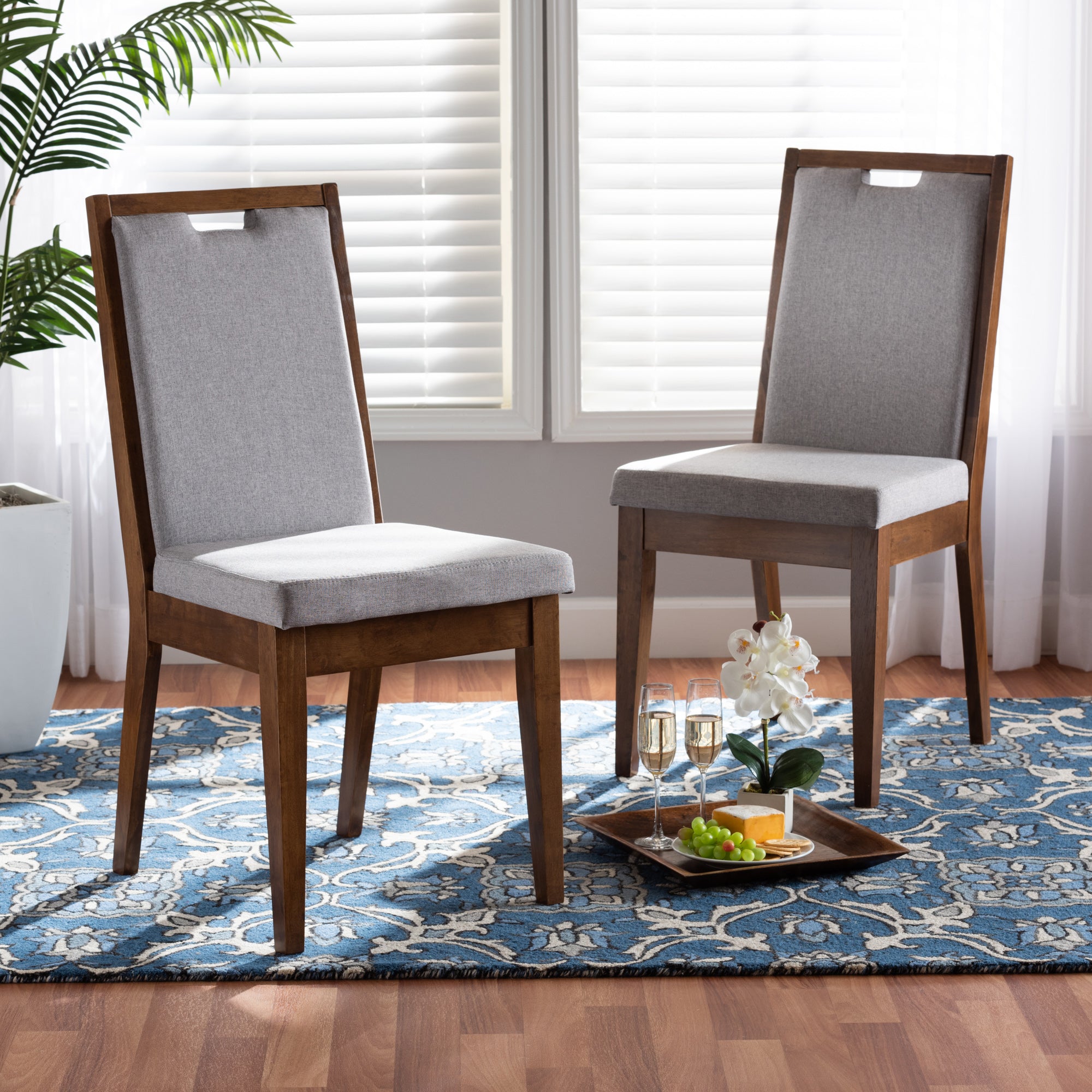 Baxton Studio Octavia Modern and Contemporary Grey Fabric Upholstered and Walnut Brown Finished Wood 2-Piece Dining Chair Set