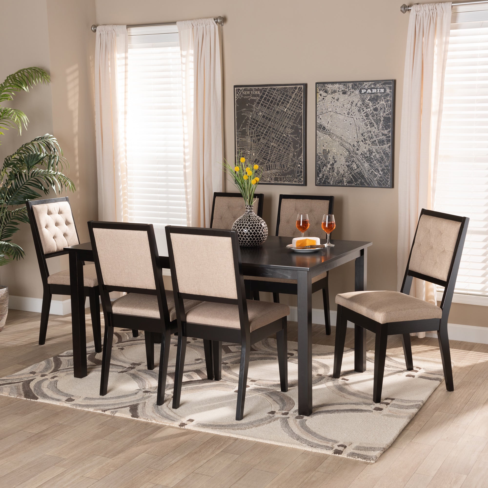 Baxton Studio Suvi Modern and Contemporary Sand Fabric Upholstered and Dark Brown Finished Wood 7-Piece Dining Set