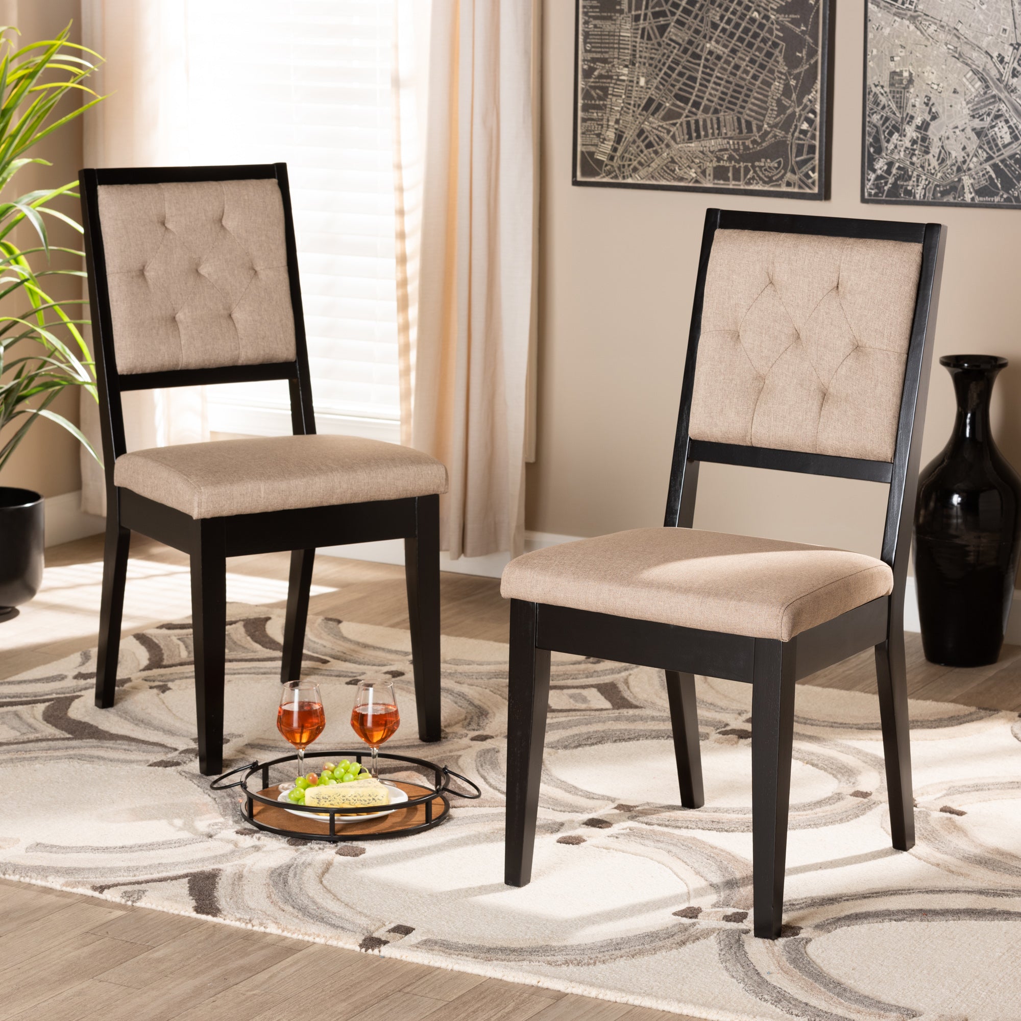 Baxton Studio Gideon Modern and Contemporary Sand Fabric Upholstered and Dark Brown Finished Wood 2-Piece Dining Chair Set
