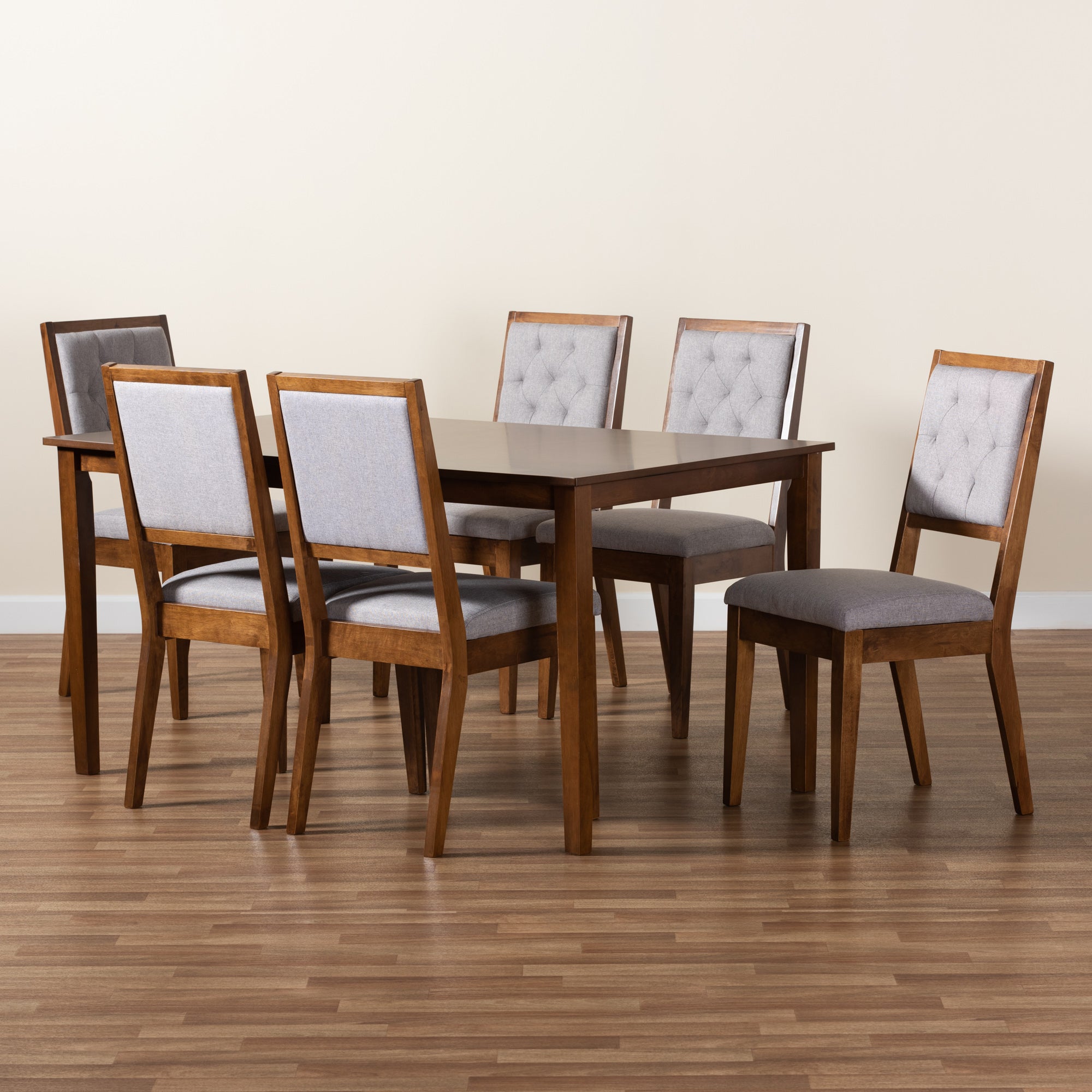 Baxton Studio Suvi Modern and Contemporary Grey Fabric Upholstered and Walnut Brown Finished Wood 7-Piece Dining Set