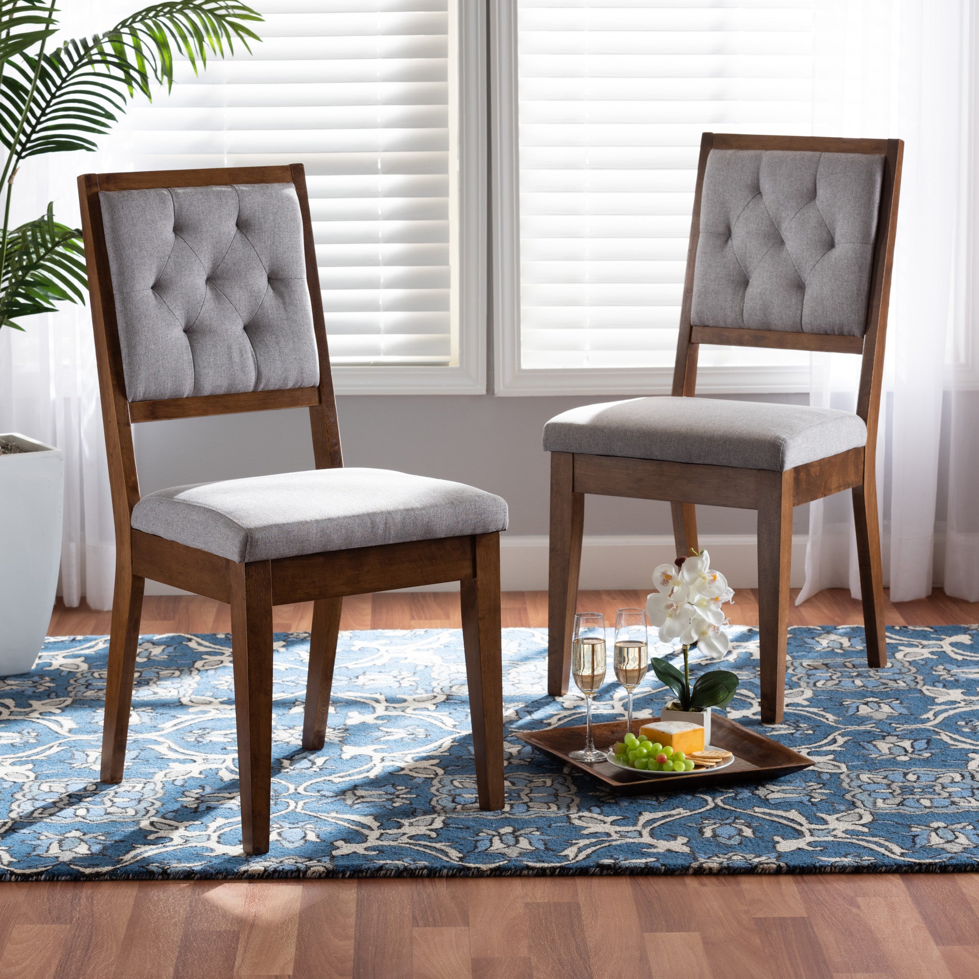 Baxton Studio Gideon Modern and Contemporary Grey Fabric Upholstered and Walnut Brown Finished Wood 2-Piece Dining Chair Set