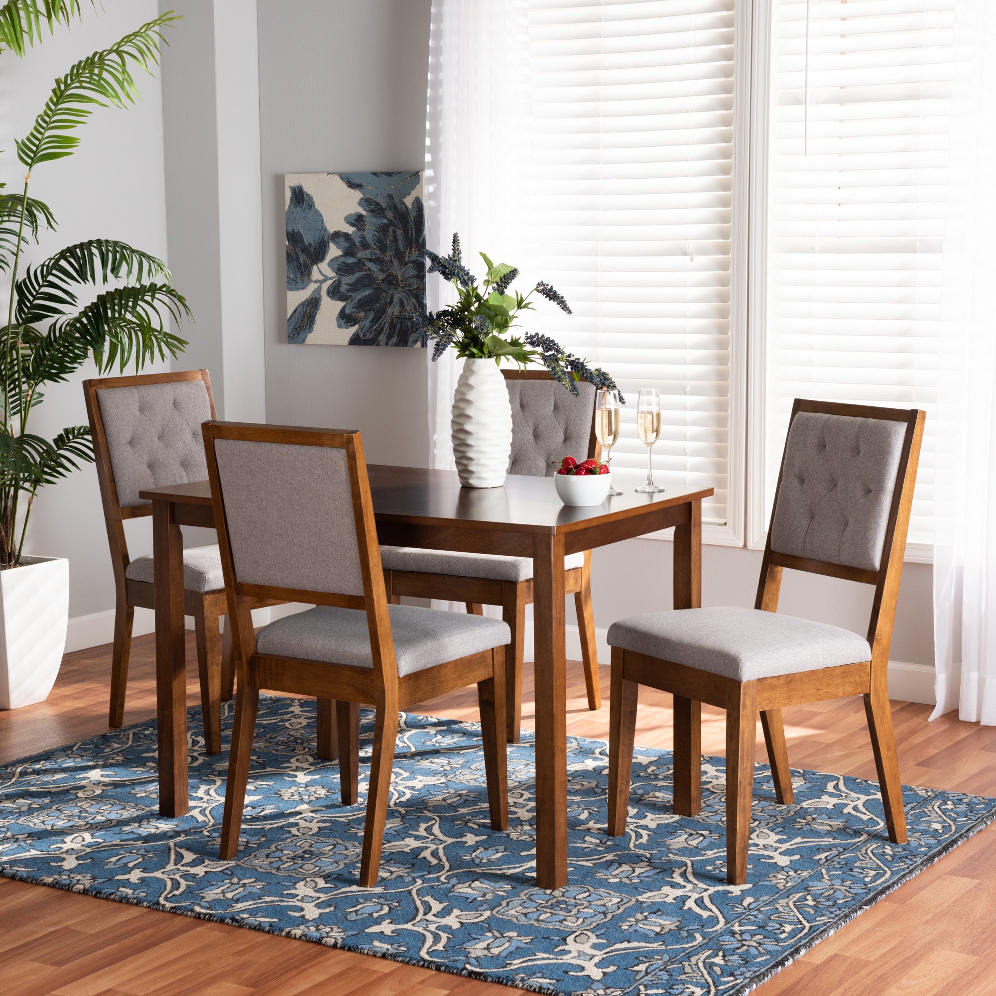 Baxton Studio Suvi Modern and Contemporary Grey Fabric Upholstered and Walnut Brown Finished Wood 5-Piece Dining Set