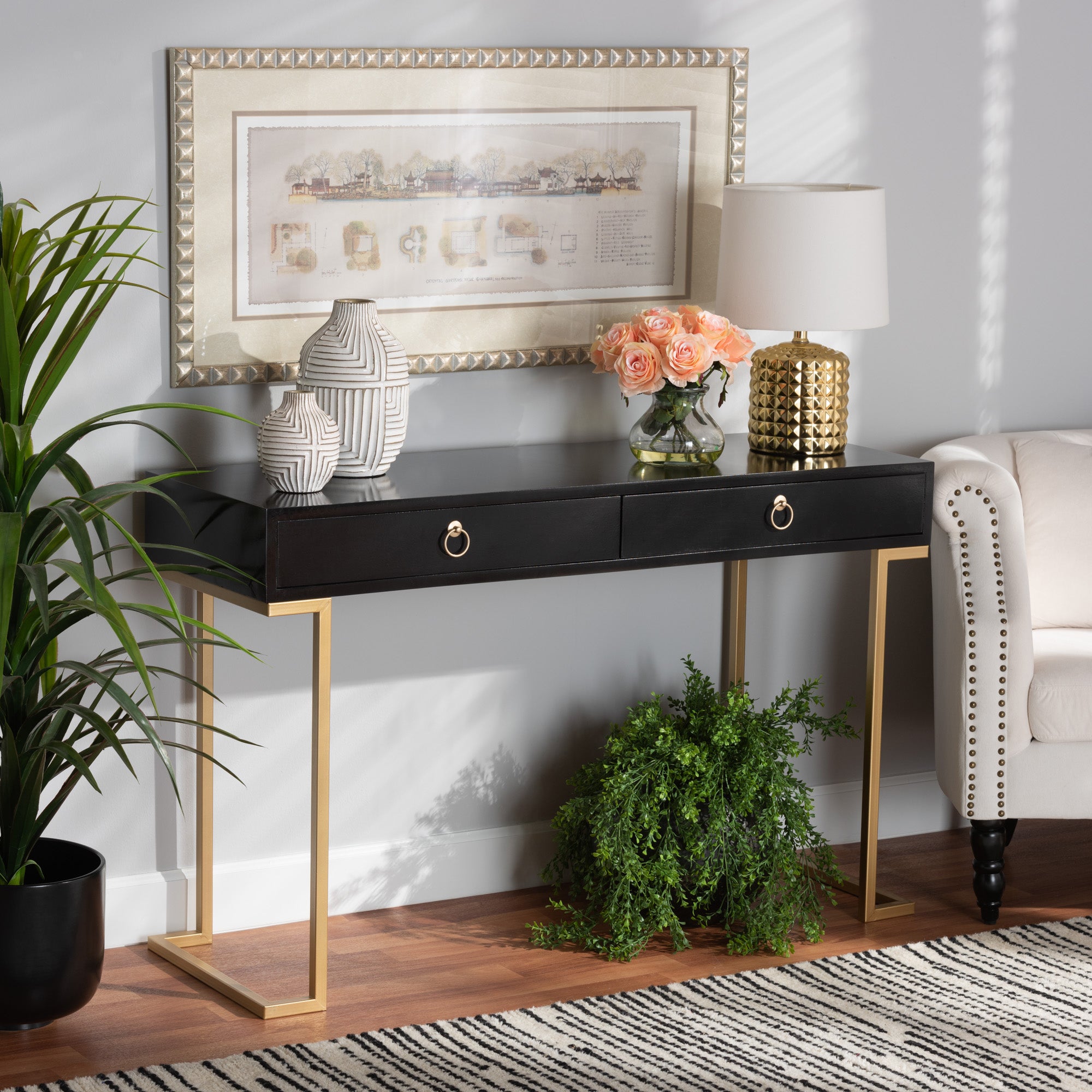 Baxton Studio Beagan Modern and Contemporary Black Finished Wood and Gold Metal 2-Drawer Console Table