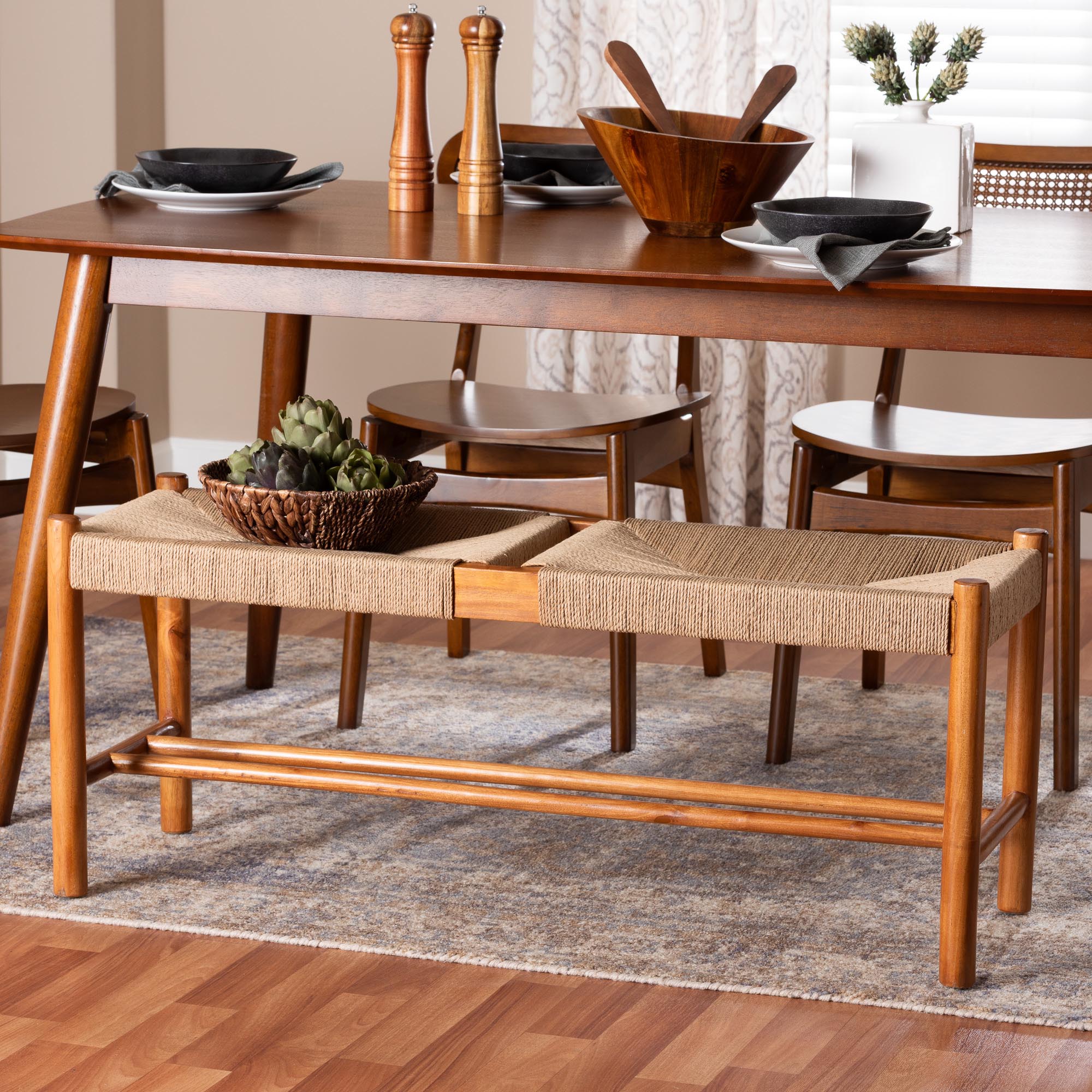 Baxton Studio Saura Mid-Century Modern Oak Brown Finished Wood and Hemp Dining Bench