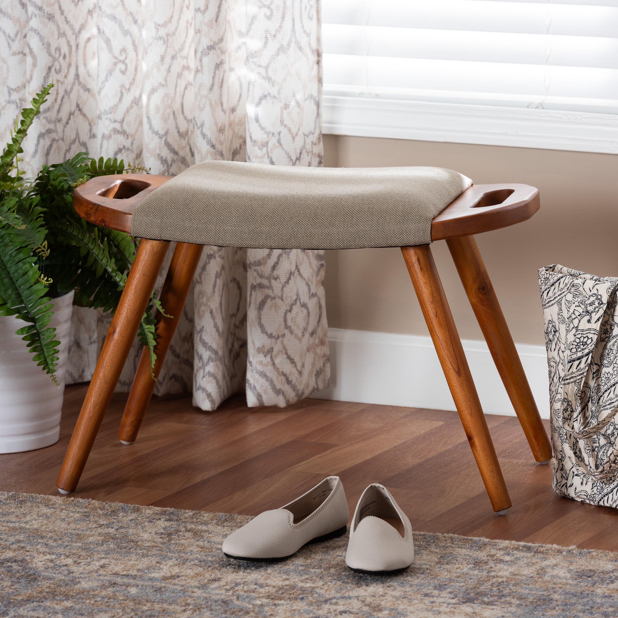 Baxton Studio Banner Mid-Century Modern Light Brown Fabric Upholstered and Oak Brown Finished Wood Accent Bench