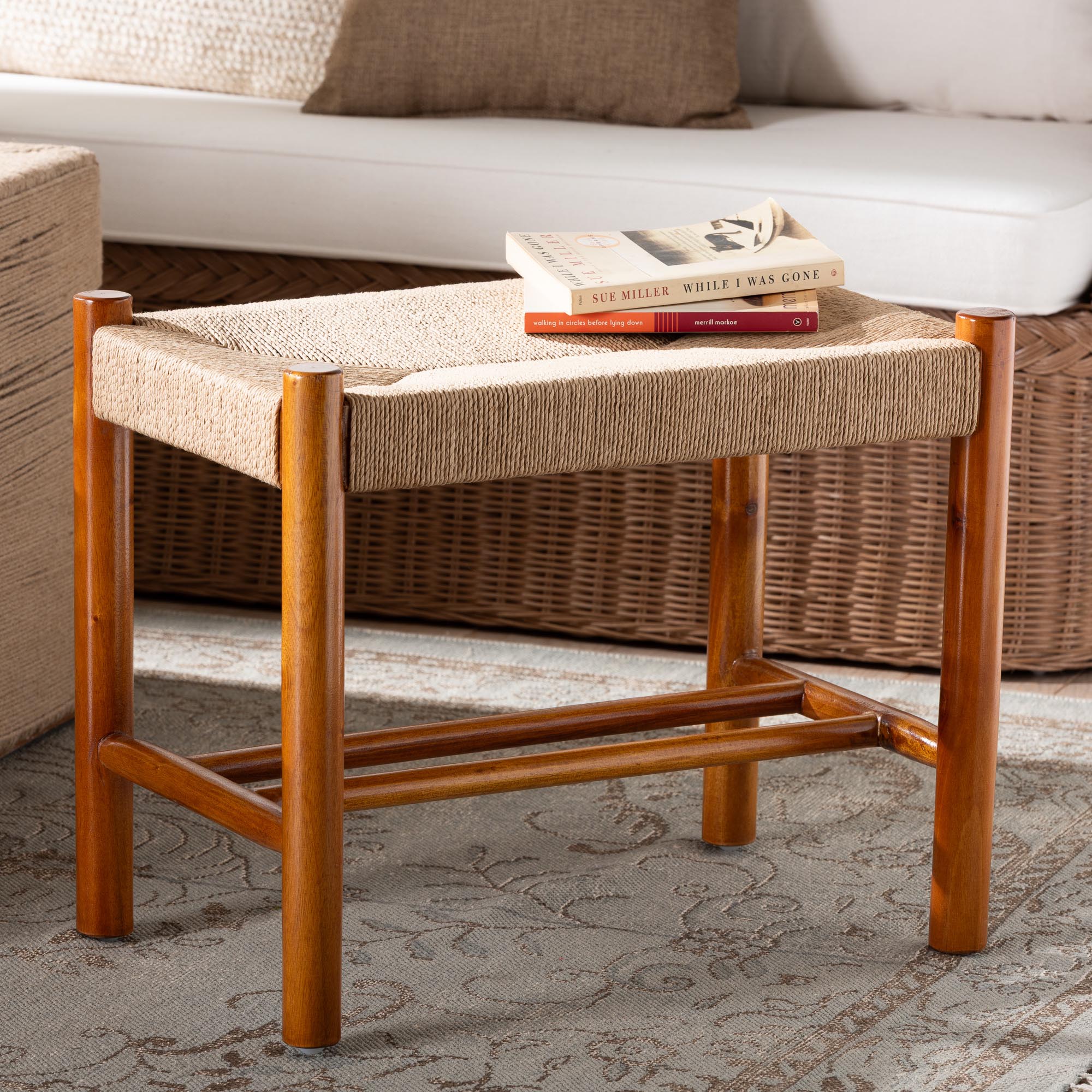 Baxton Studio Saura Mid-Century Modern Oak Brown Finished Wood and Hemp Accent Bench