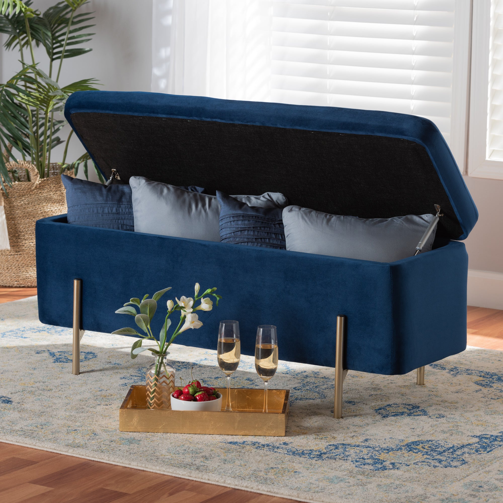Baxton Studio Rockwell Contemporary Glam and Luxe Navy Blue Velvet Fabric Upholstered and Gold Finished Metal Storage Bench