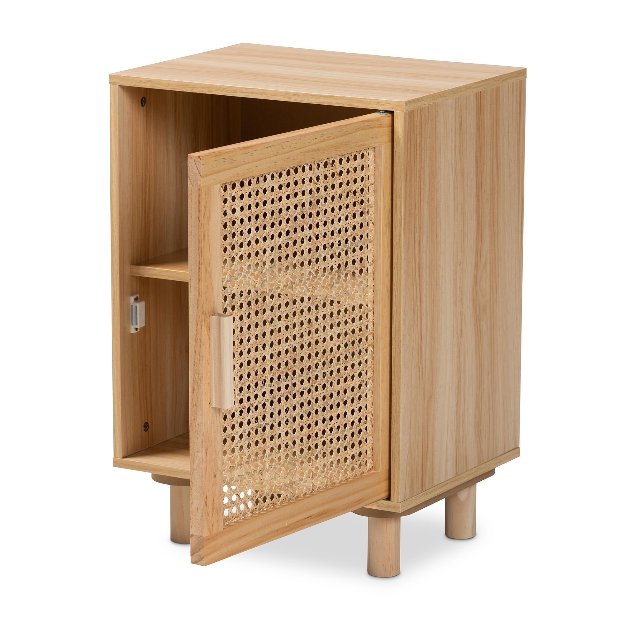 Baxton Studio Maclean Mid-Century Modern Rattan and Natural Brown Finished Wood 1-Door End Table