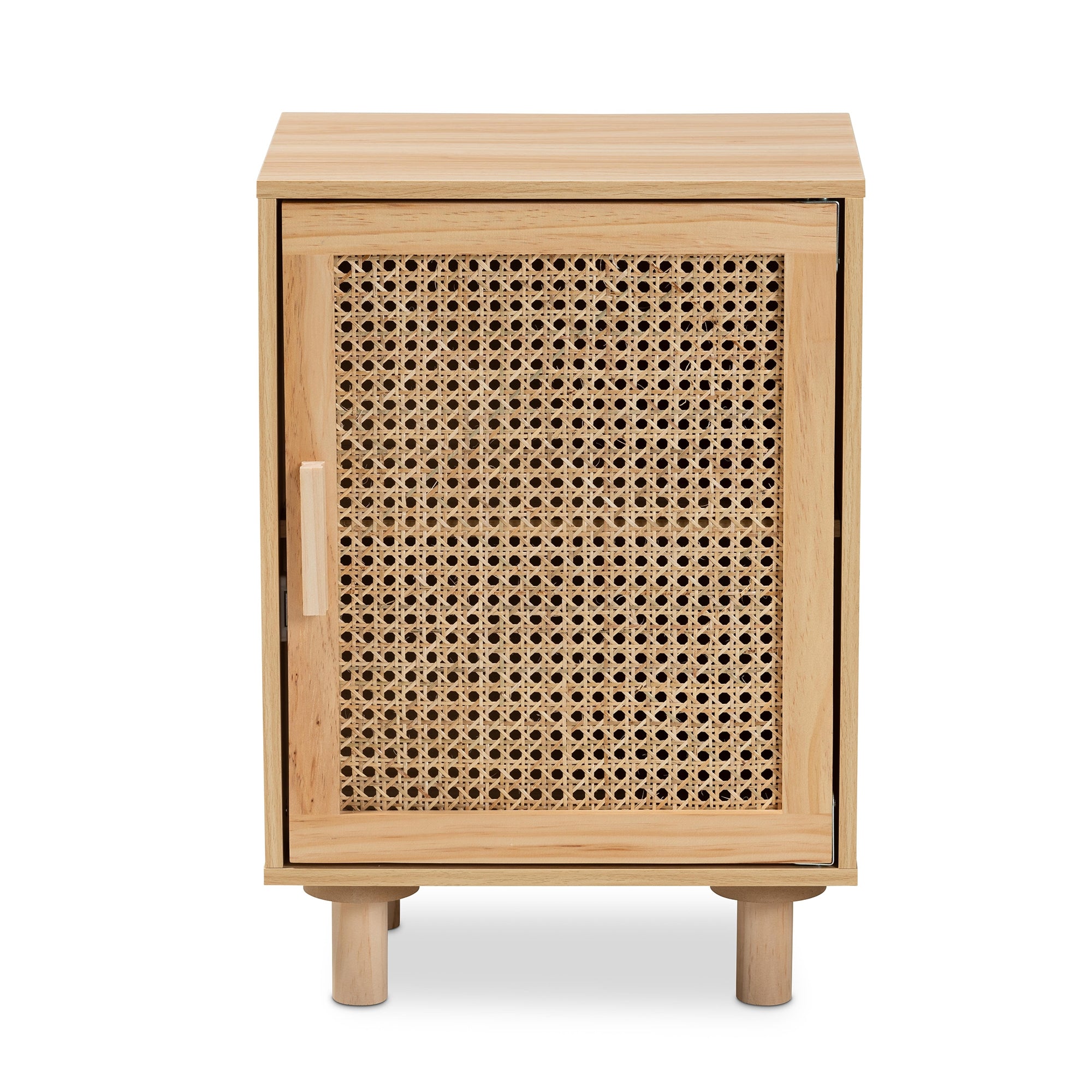 Baxton Studio Maclean Mid-Century Modern Rattan and Natural Brown Finished Wood 1-Door End Table