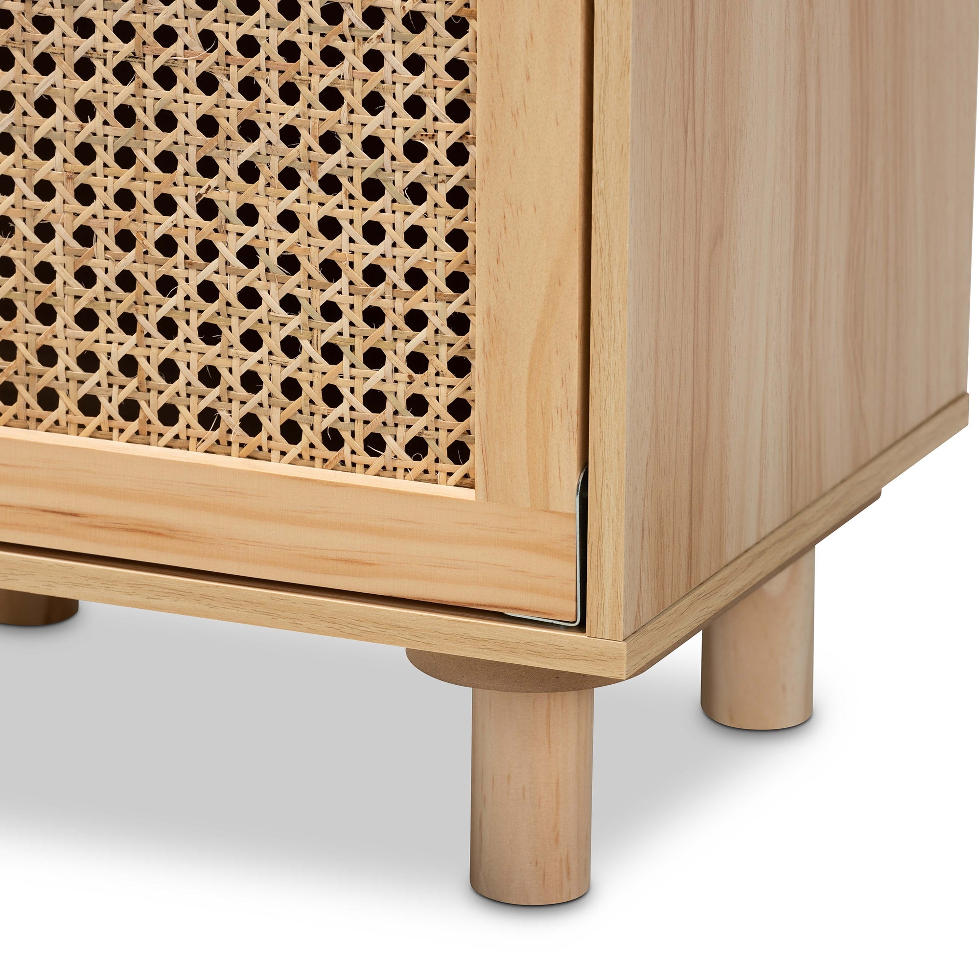 Baxton Studio Maclean Mid-Century Modern Rattan and Natural Brown Finished Wood 1-Door End Table