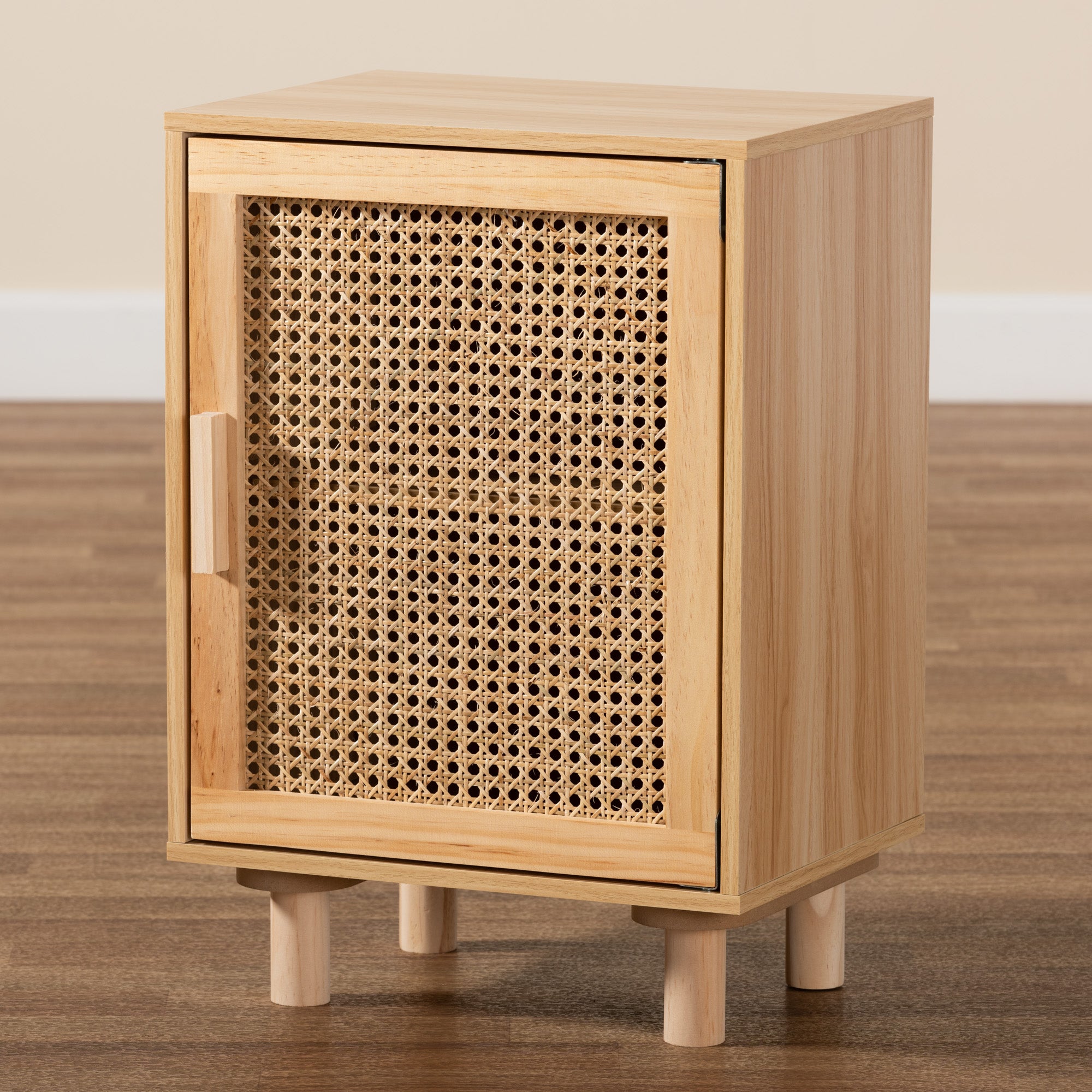Baxton Studio Maclean Mid-Century Modern Rattan and Natural Brown Finished Wood 1-Door End Table