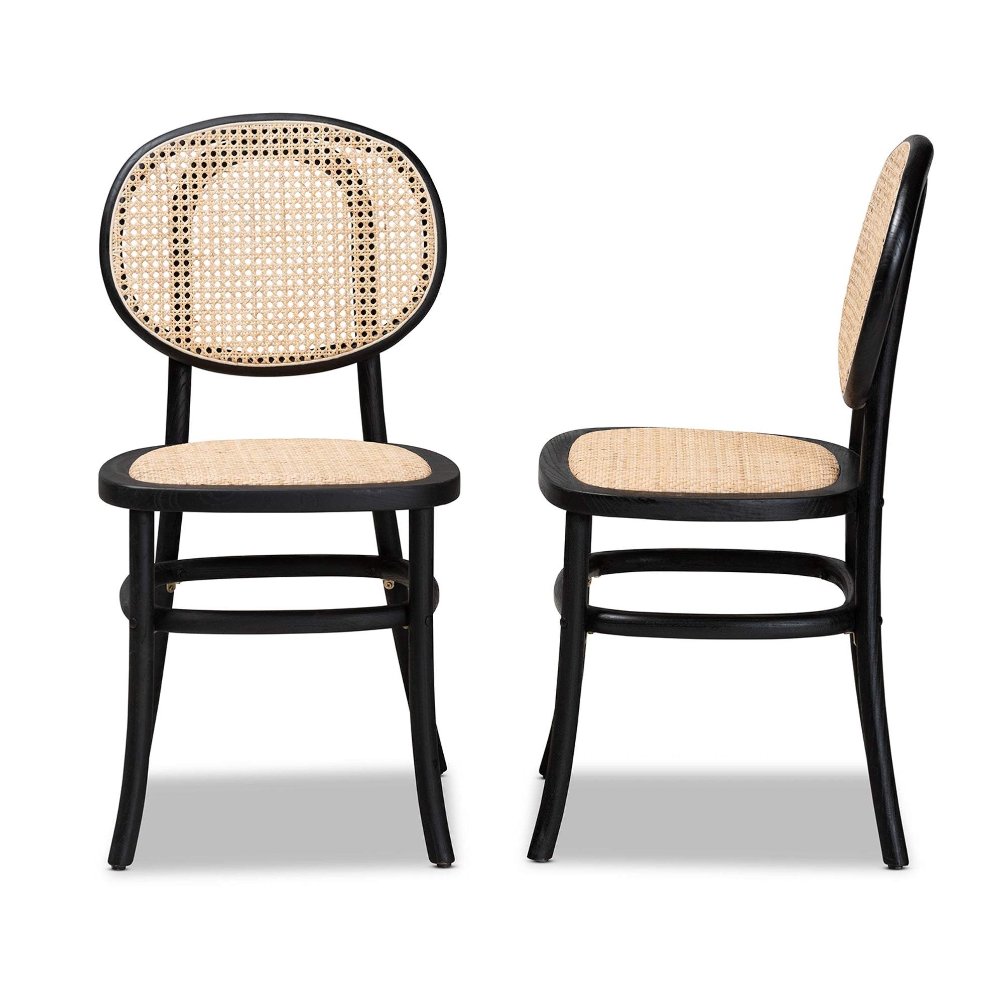 Baxton Studio Garold Mid-Century Modern Brown Woven Rattan and Black Wood 2-Piece Cane Dining Chair Set