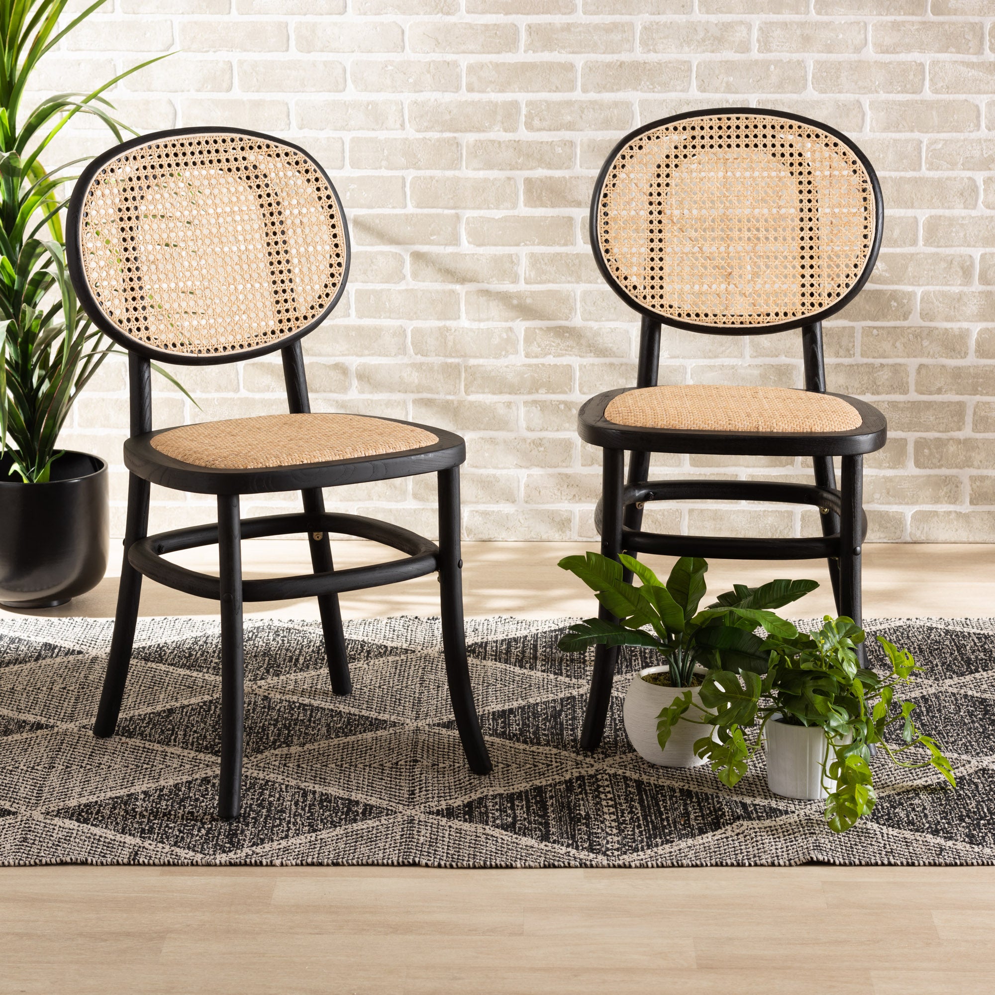 Baxton Studio Garold Mid-Century Modern Brown Woven Rattan and Black Wood 2-Piece Cane Dining Chair Set