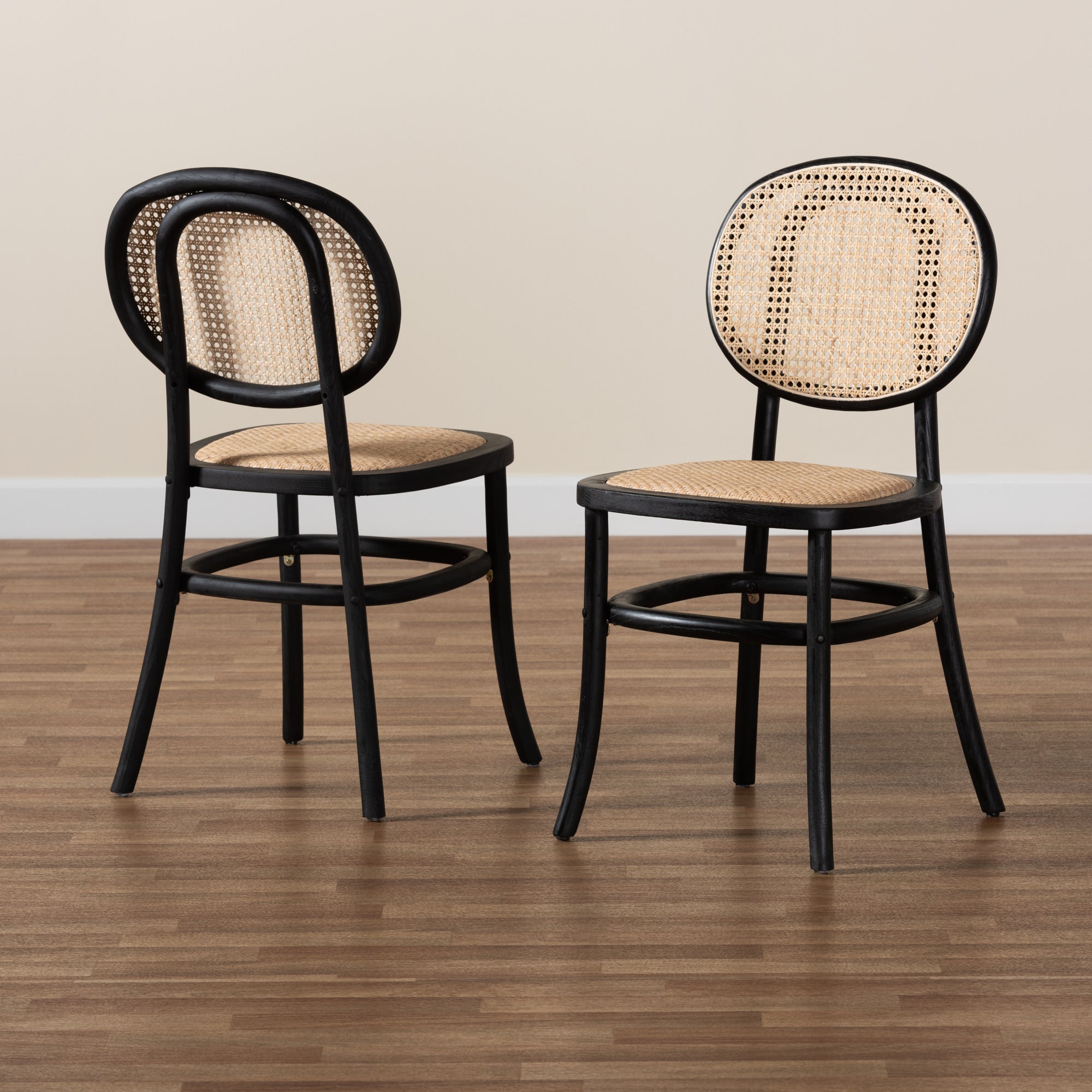 Baxton Studio Garold Mid-Century Modern Brown Woven Rattan and Black Wood 2-Piece Cane Dining Chair Set