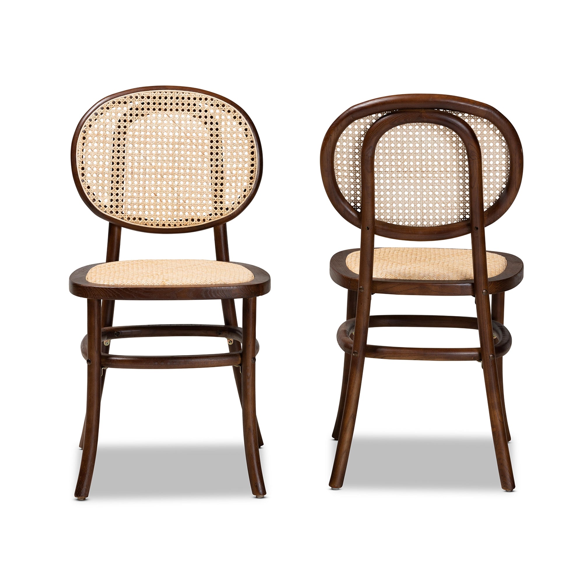 Baxton Studio Garold Mid-Century Modern Brown Woven Rattan and Walnut Brown Wood 2-Piece Cane Dining Chair Set