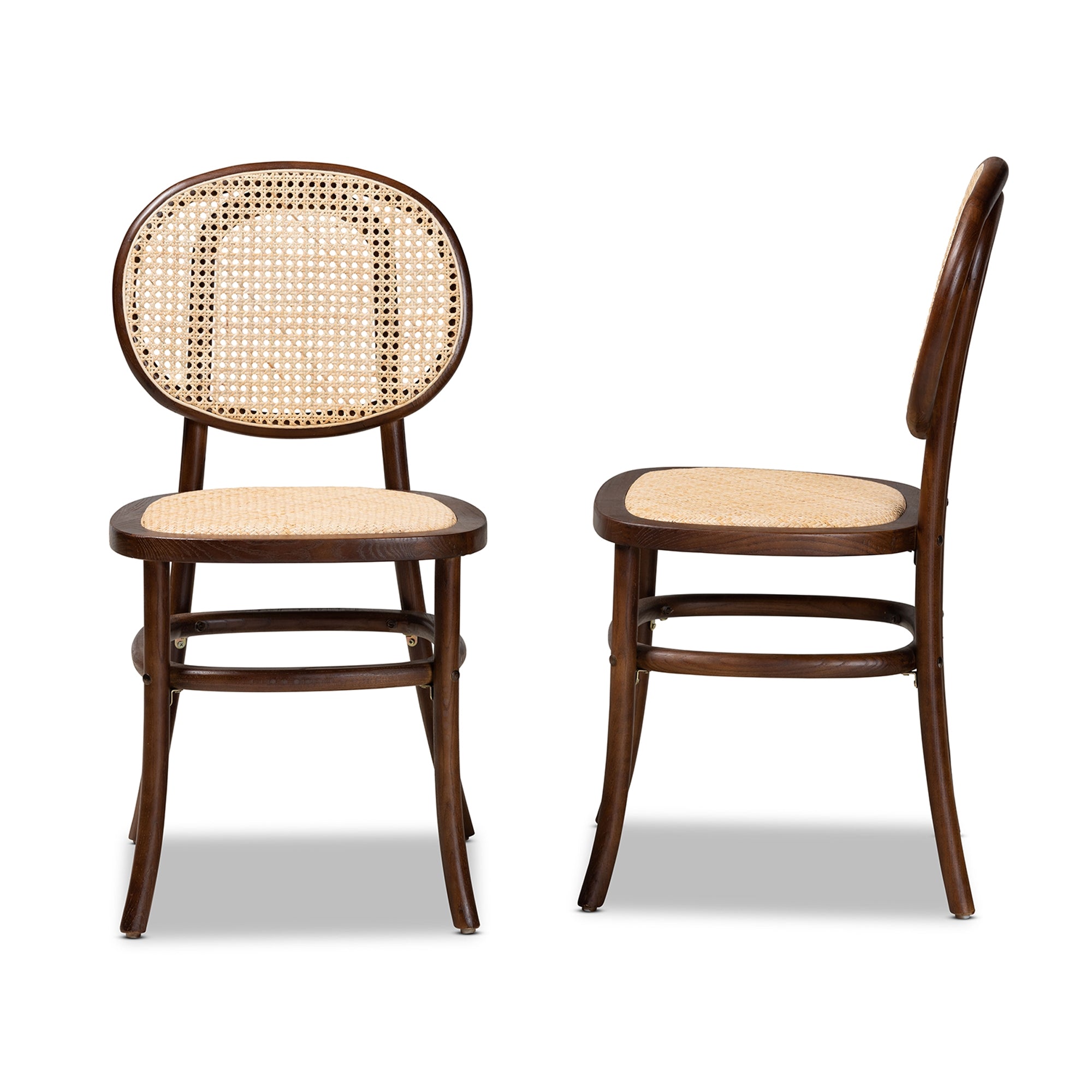 Baxton Studio Garold Mid-Century Modern Brown Woven Rattan and Walnut Brown Wood 2-Piece Cane Dining Chair Set