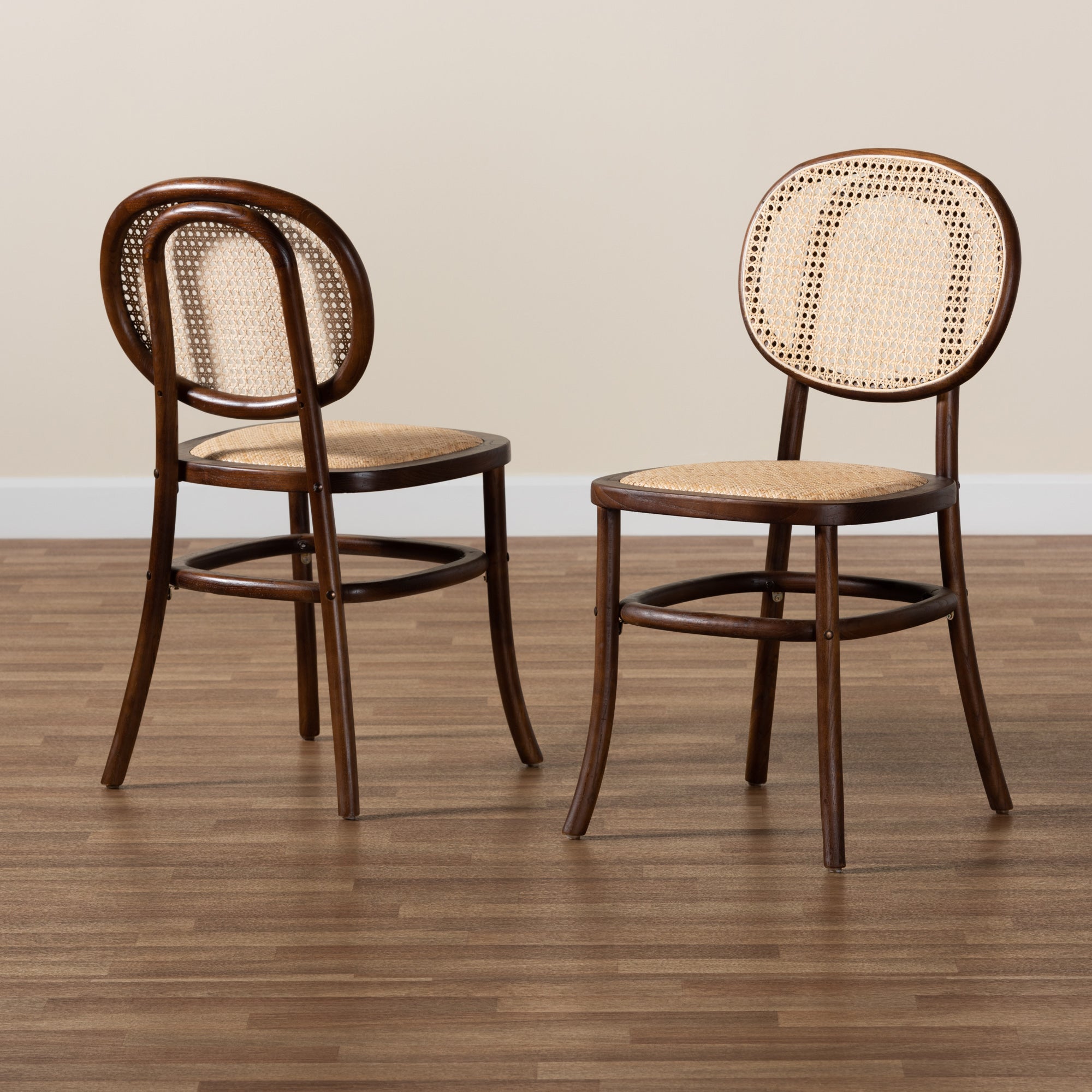 Baxton Studio Garold Mid-Century Modern Brown Woven Rattan and Walnut Brown Wood 2-Piece Cane Dining Chair Set