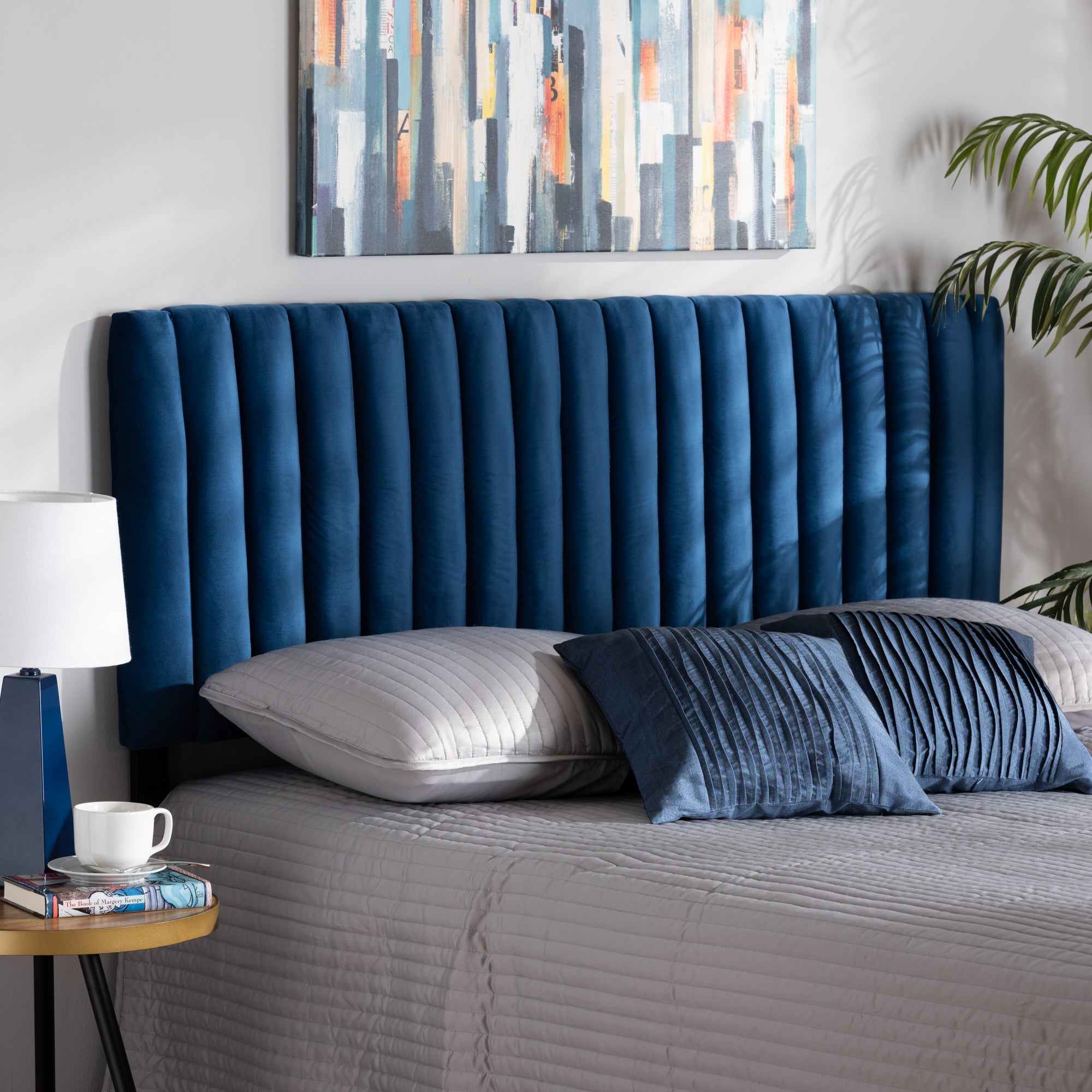 Baxton Studio Emile Modern and Contemporary Navy Blue Velvet Fabric Upholstered and Dark Brown Finished Wood Full Size Headboard