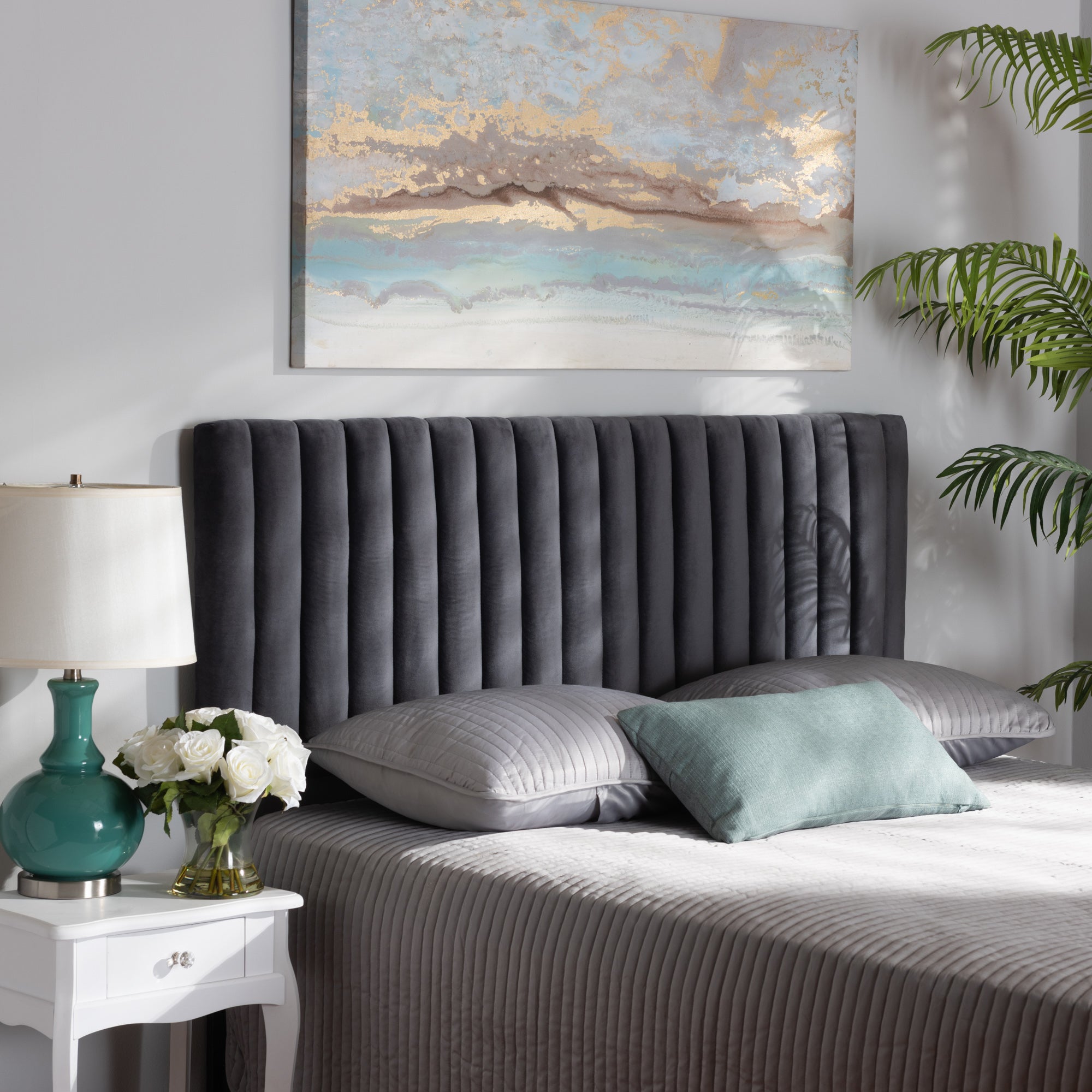 Baxton Studio Emile Modern and Contemporary Grey Velvet Fabric Upholstered and Dark Brown Finished Wood Queen Size Headboard
