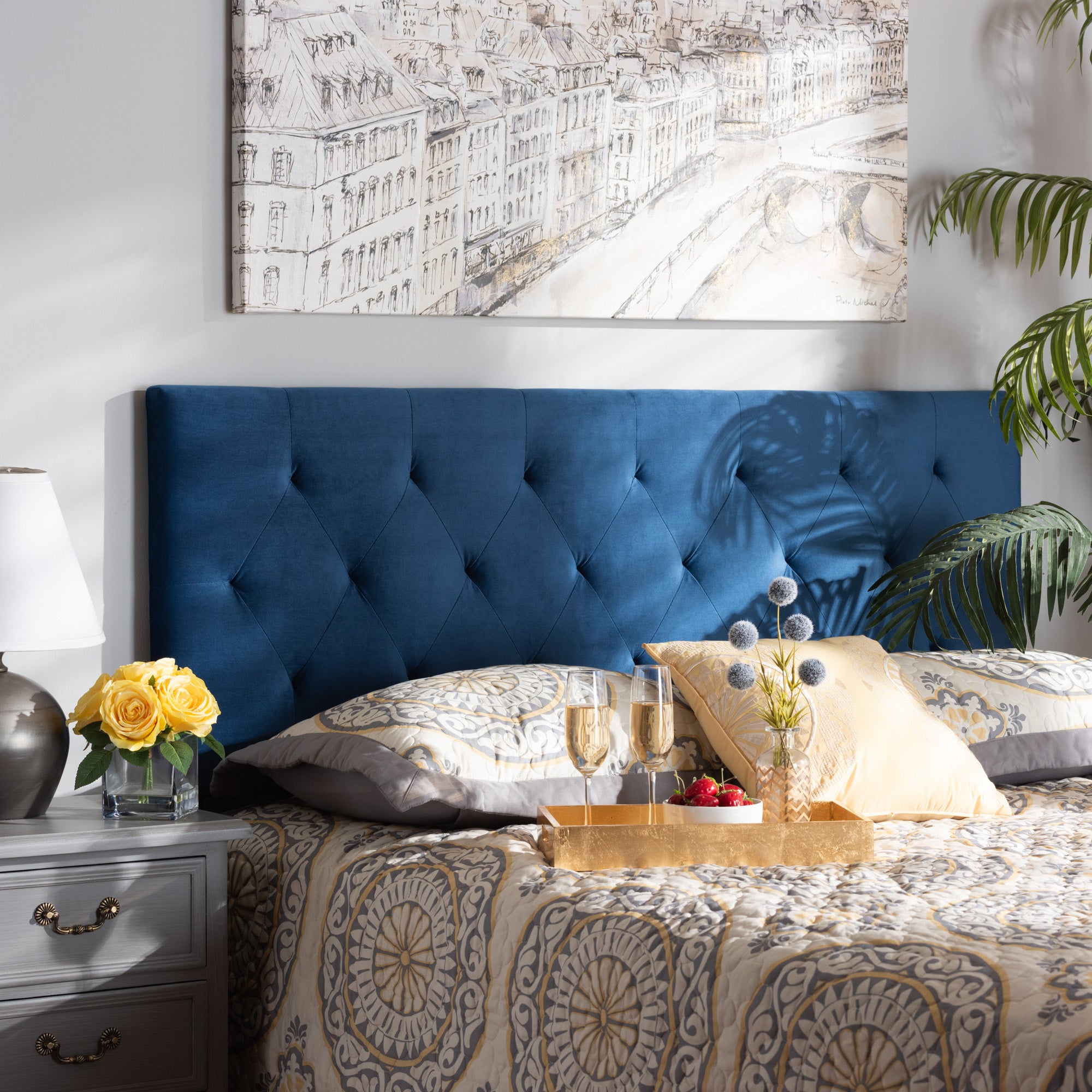 Baxton Studio Felix Modern and Contemporary Navy Blue Velvet Fabric Upholstered King Size Headboard