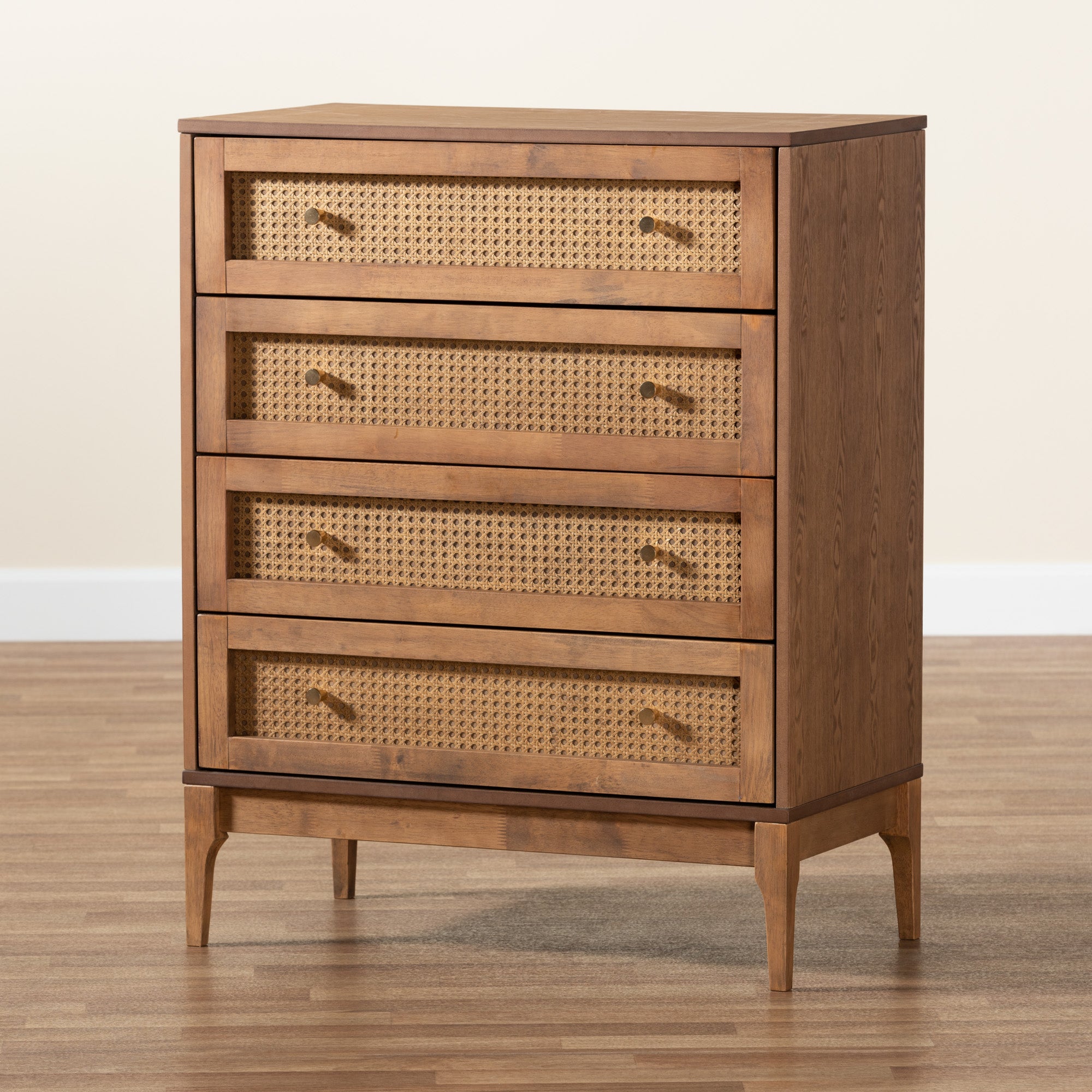 Baxton Studio Ramiel Mid-Century Modern Ash Walnut Finished Wood and Rattan 4-Drawer Chest