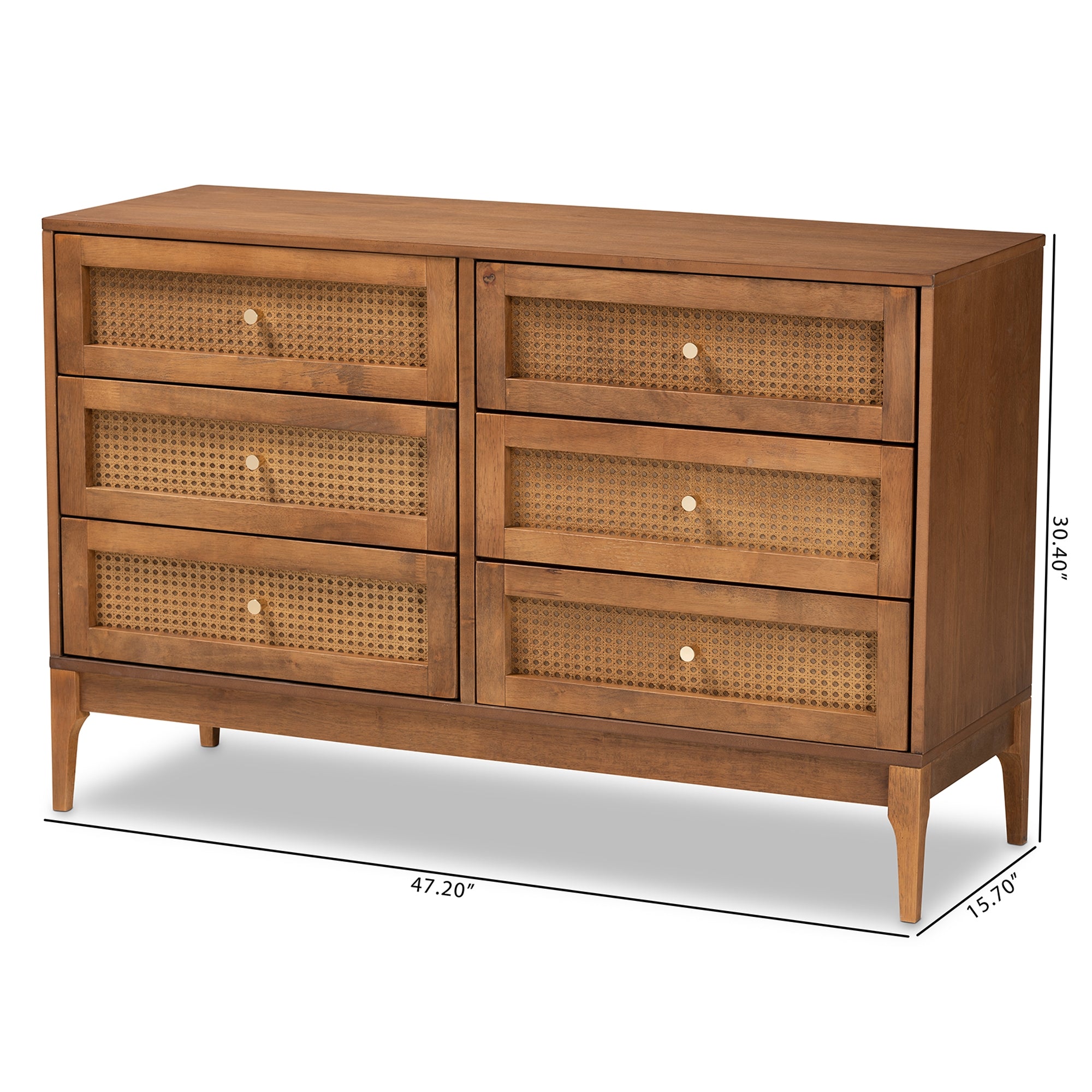 Baxton Studio Ramiel Mid-Century Modern Ash Walnut Finished Wood and Rattan 6-Drawer Dresser