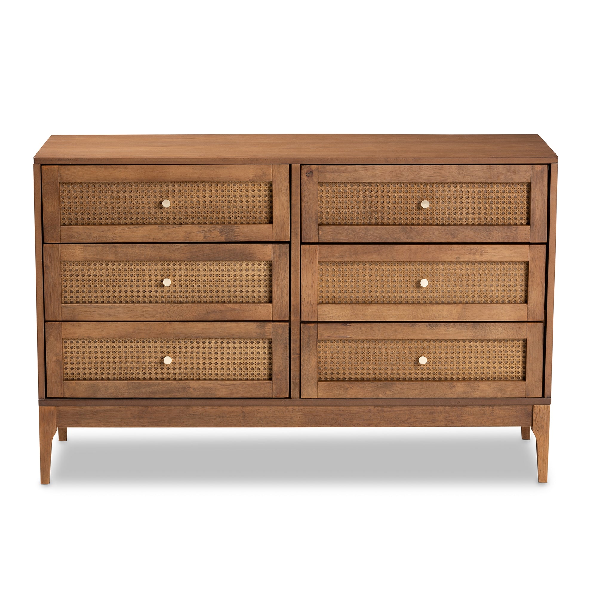 Baxton Studio Ramiel Mid-Century Modern Ash Walnut Finished Wood and Rattan 6-Drawer Dresser