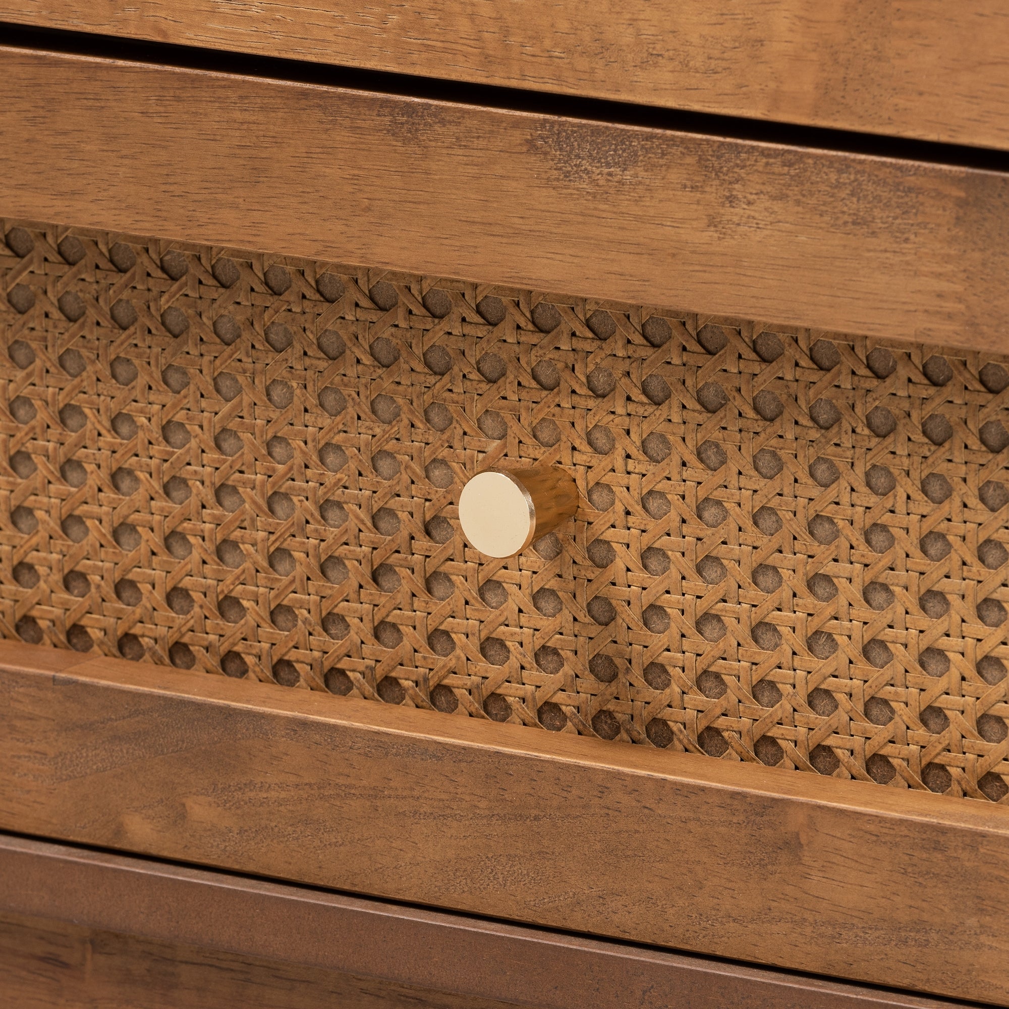 Baxton Studio Ramiel Mid-Century Modern Ash Walnut Finished Wood and Rattan 6-Drawer Dresser