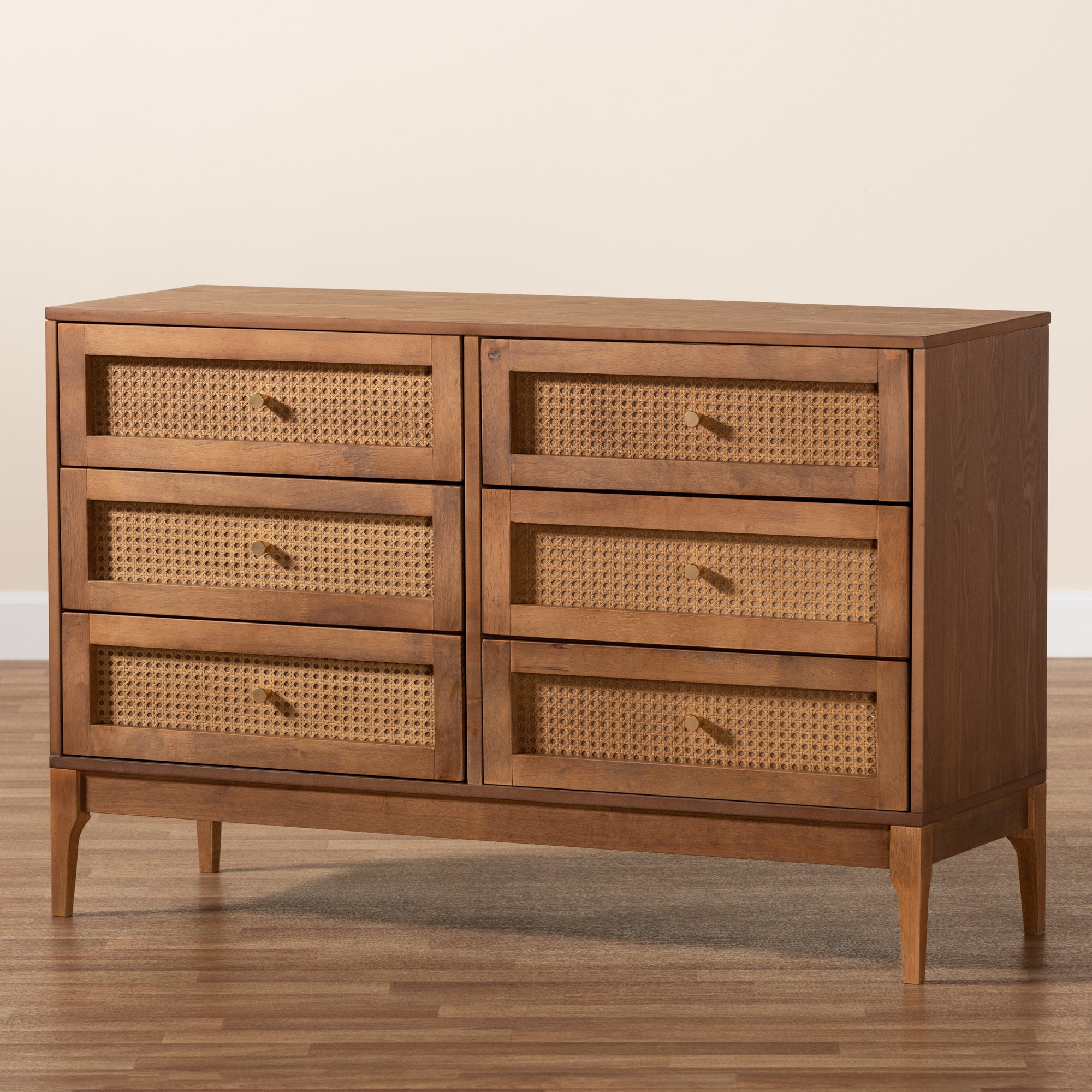 Baxton Studio Ramiel Mid-Century Modern Ash Walnut Finished Wood and Rattan 6-Drawer Dresser