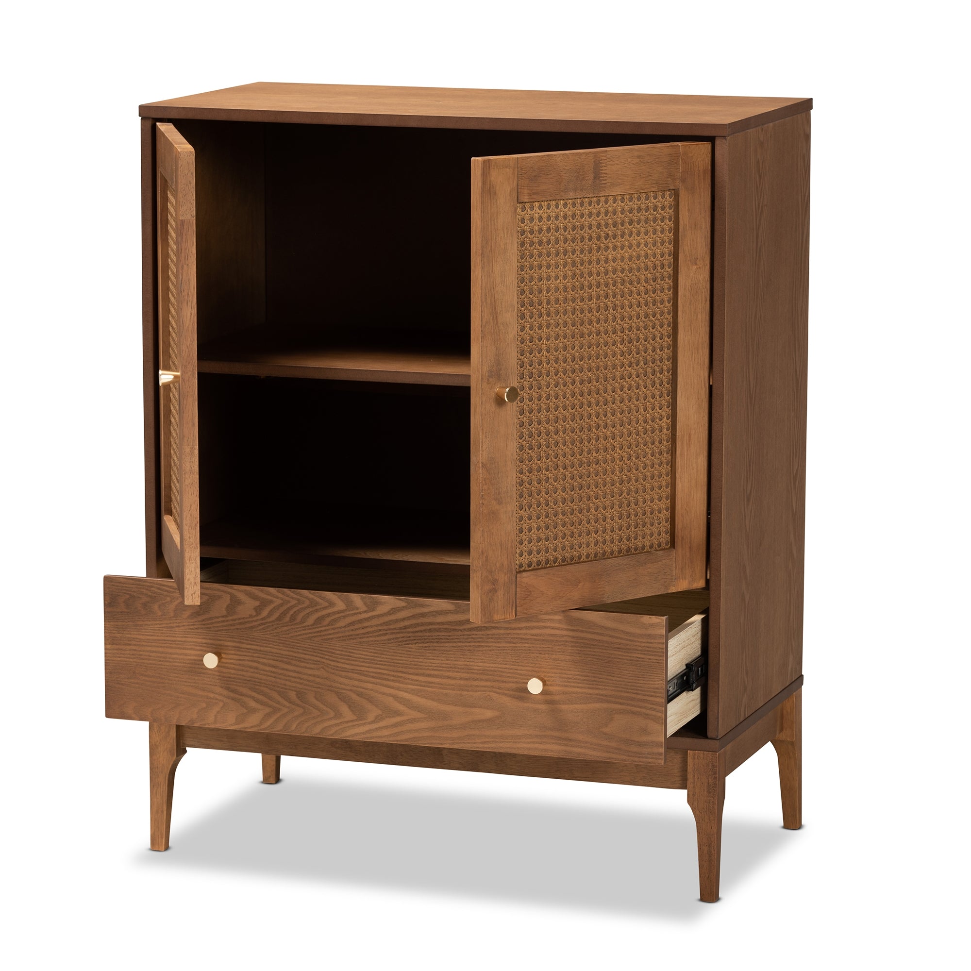 Baxton Studio Ramiel Mid-Century Modern Ash Walnut Finished Wood and Rattan 1-Drawer Sideboard