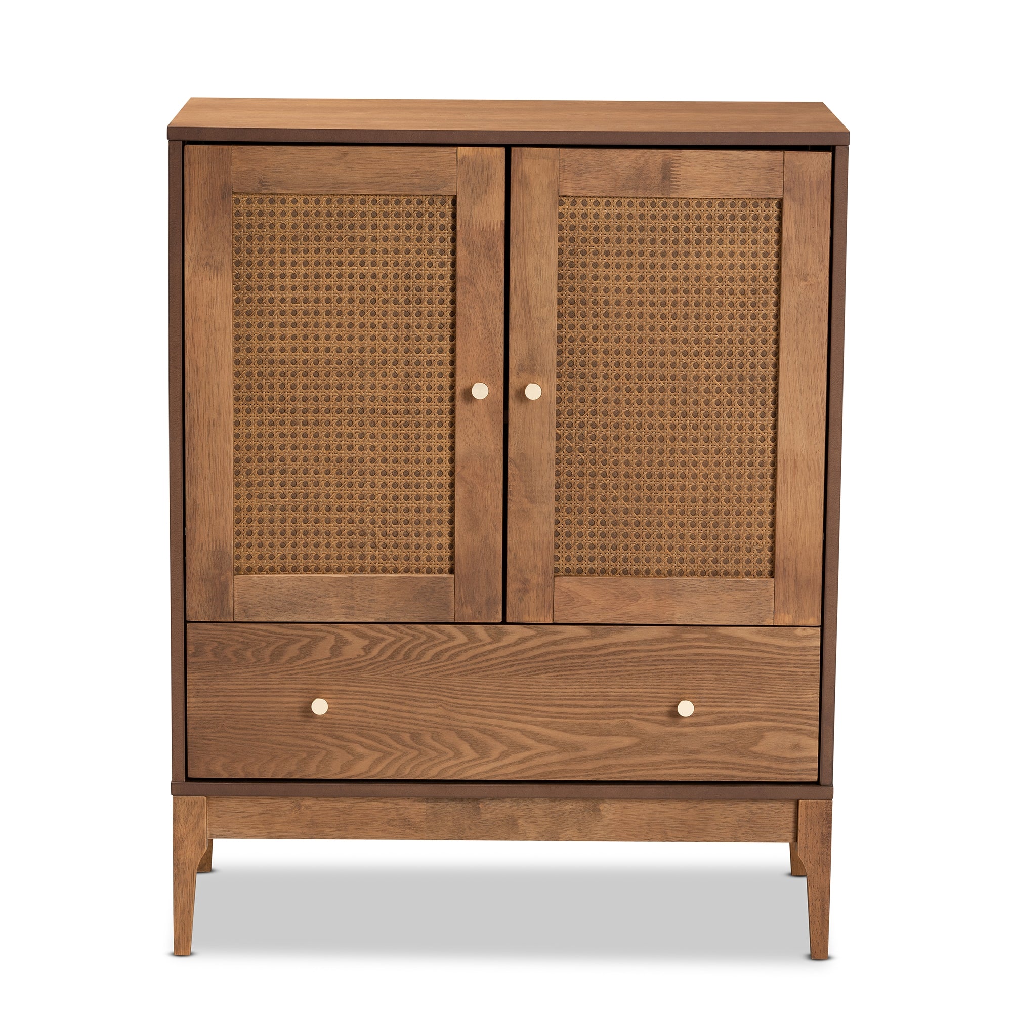 Baxton Studio Ramiel Mid-Century Modern Ash Walnut Finished Wood and Rattan 1-Drawer Sideboard