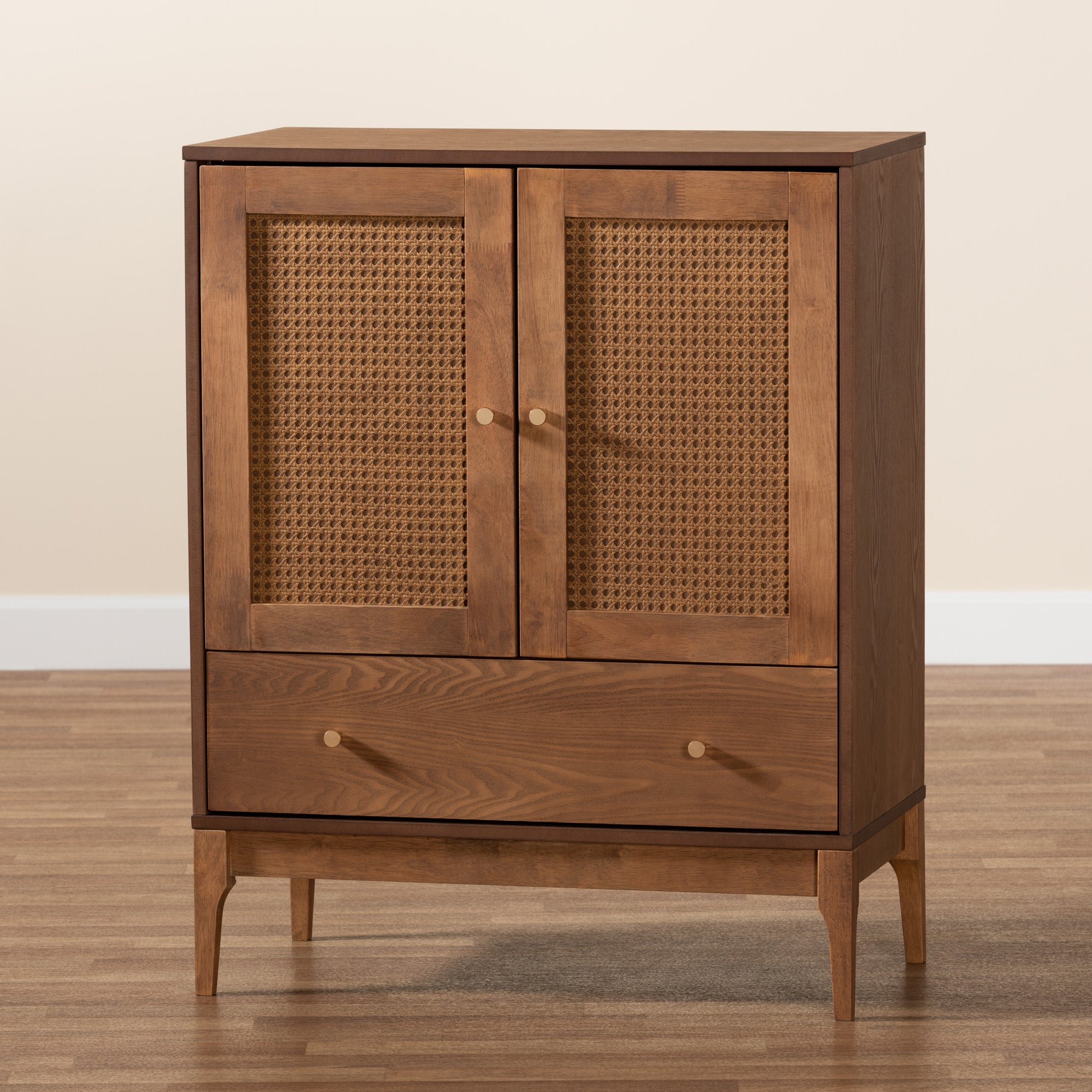 Baxton Studio Ramiel Mid-Century Modern Ash Walnut Finished Wood and Rattan 1-Drawer Sideboard