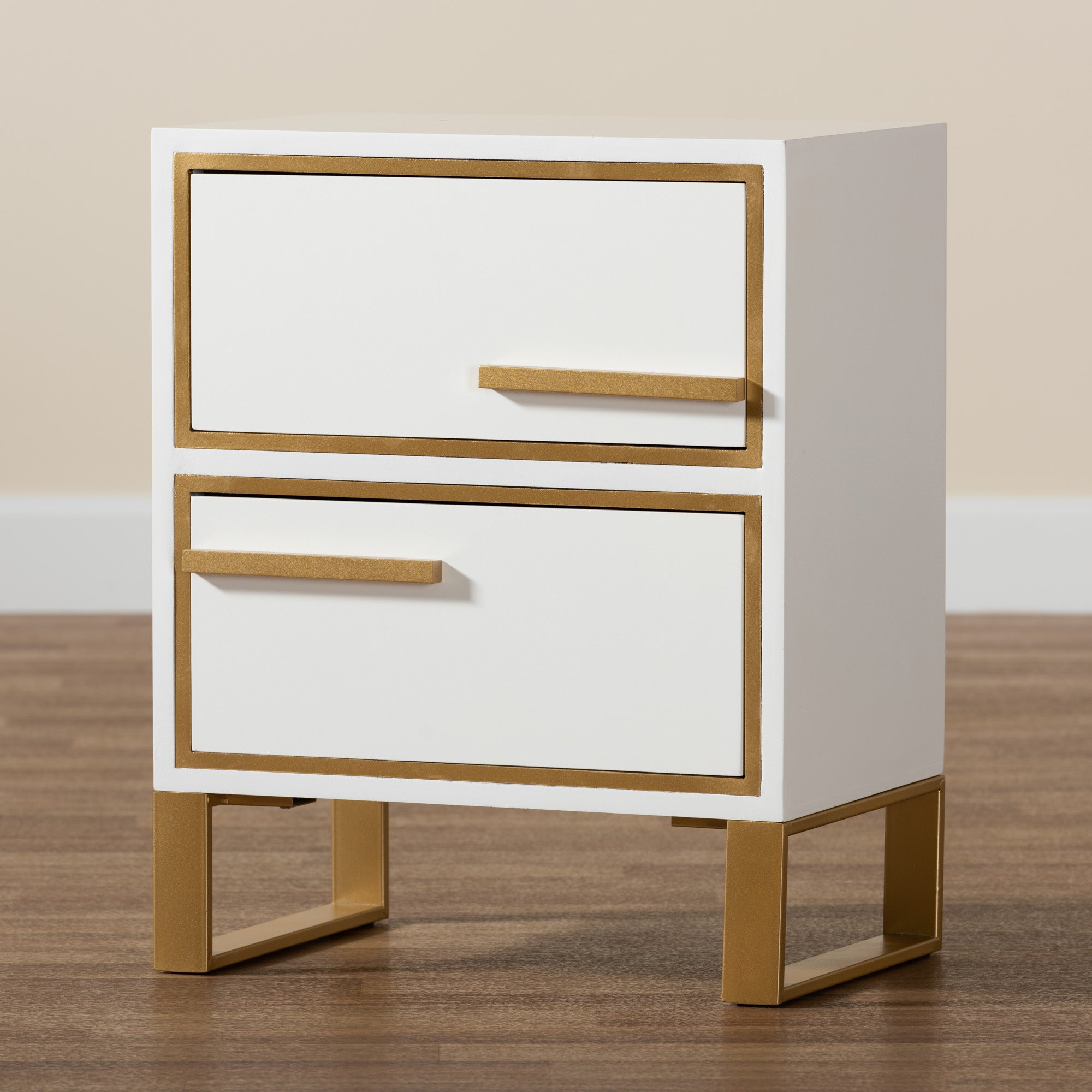 Baxton Studio Giolla Contemporary Glam and Luxe White Finished Wood and Gold Metal 2-Drawer End Table