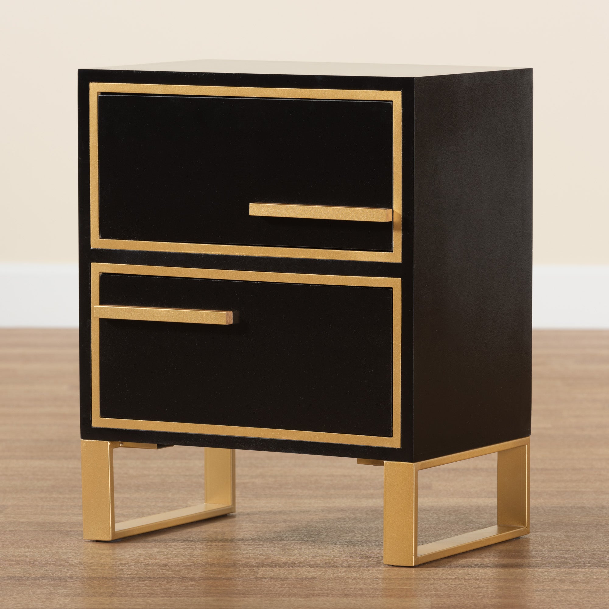 Baxton Studio Giolla Contemporary Glam and Luxe Black Finished Wood and Gold Metal 2-Drawer End Table