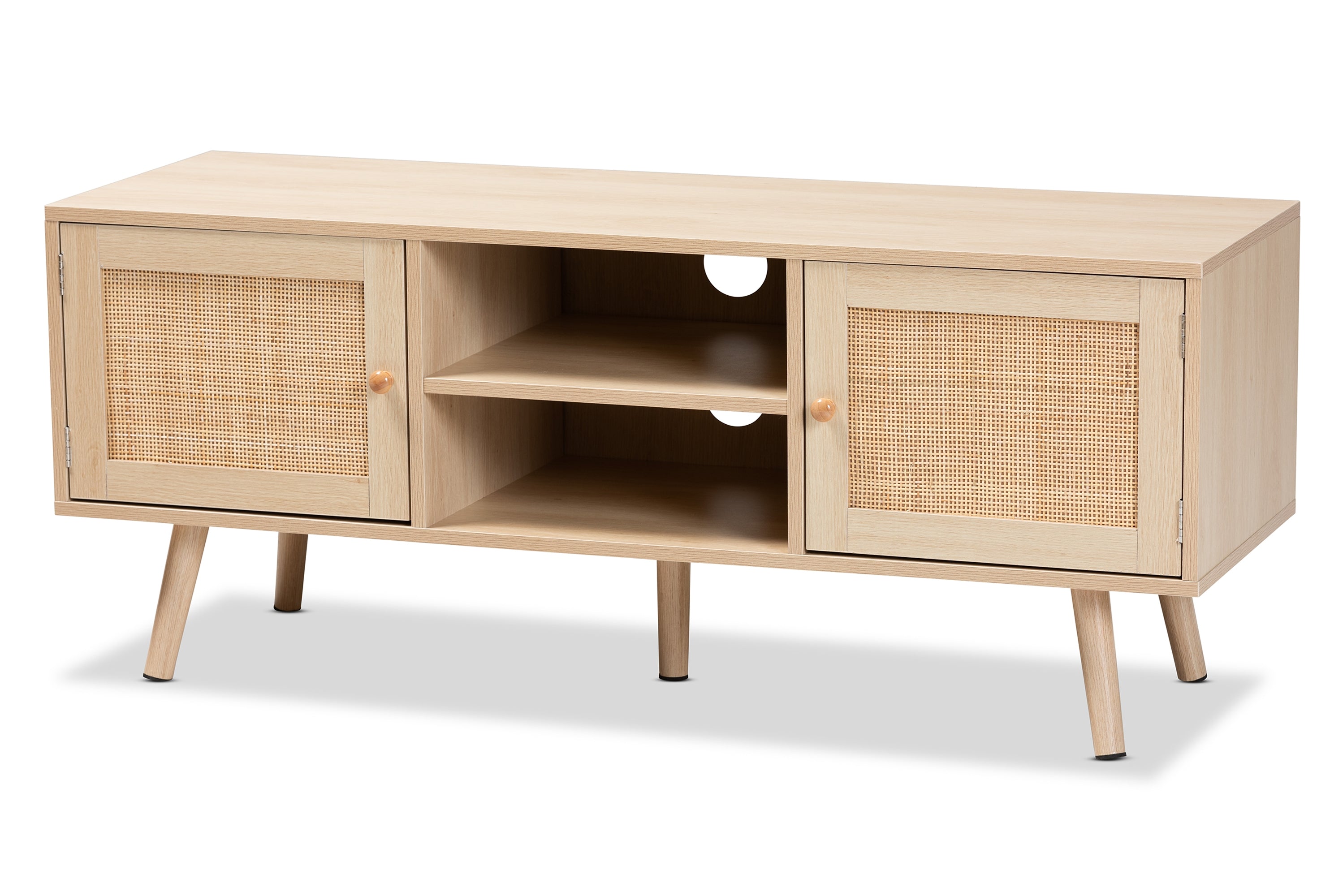 Baxton Studio Sebille Mid-Century Modern Light Brown Finished Wood 2-Door TV Stand with Natural Rattan