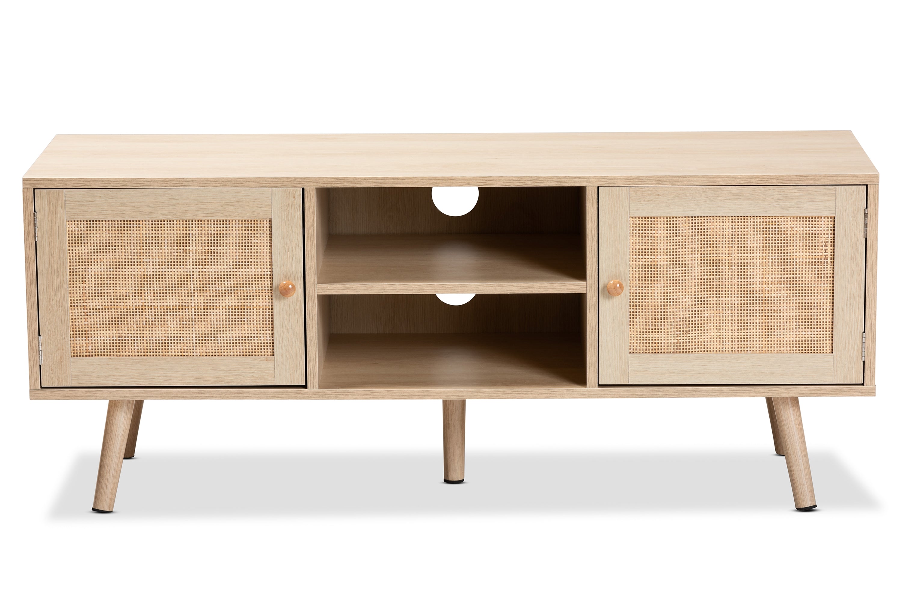 Baxton Studio Sebille Mid-Century Modern Light Brown Finished Wood 2-Door TV Stand with Natural Rattan