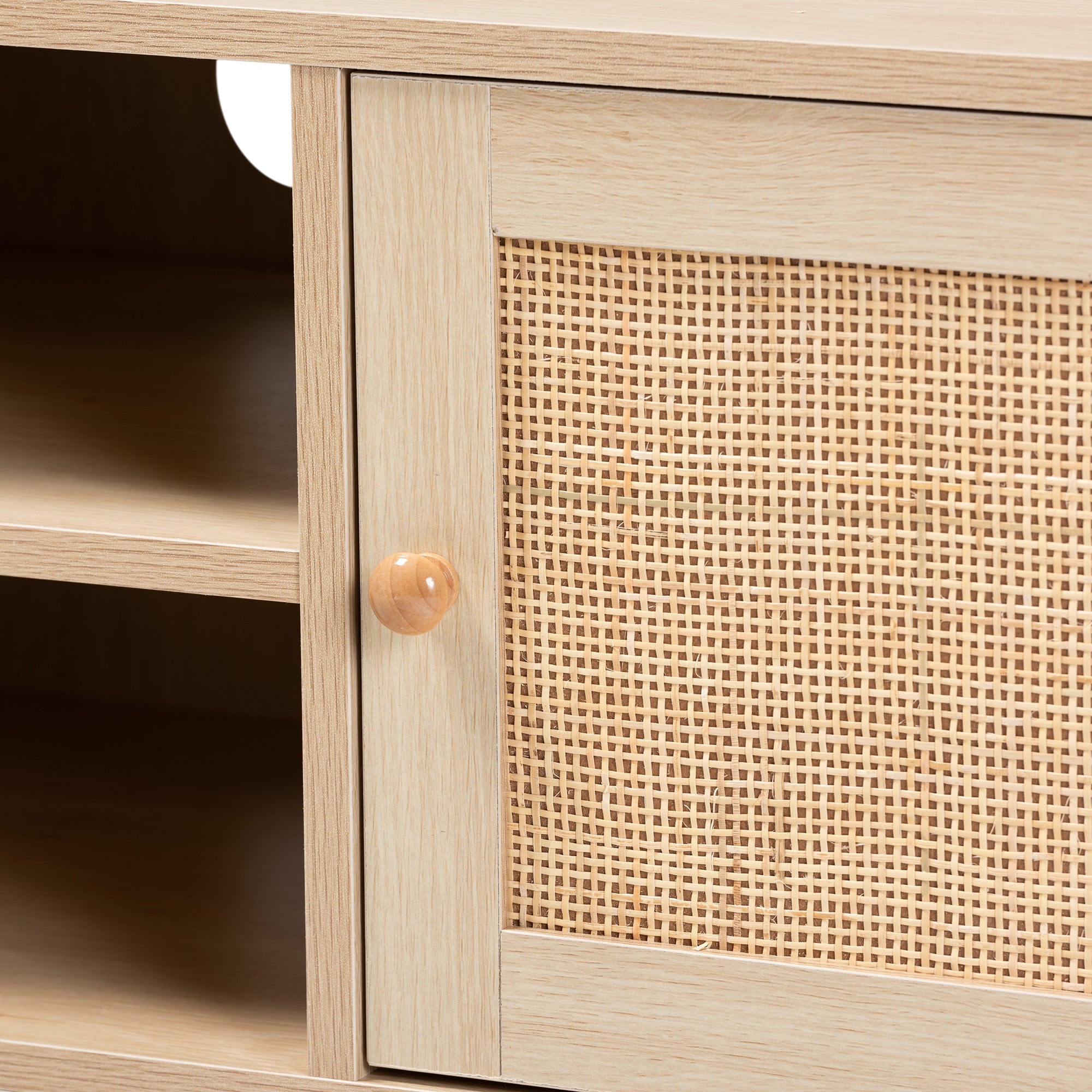 Baxton Studio Sebille Mid-Century Modern Light Brown Finished Wood 2-Door TV Stand with Natural Rattan