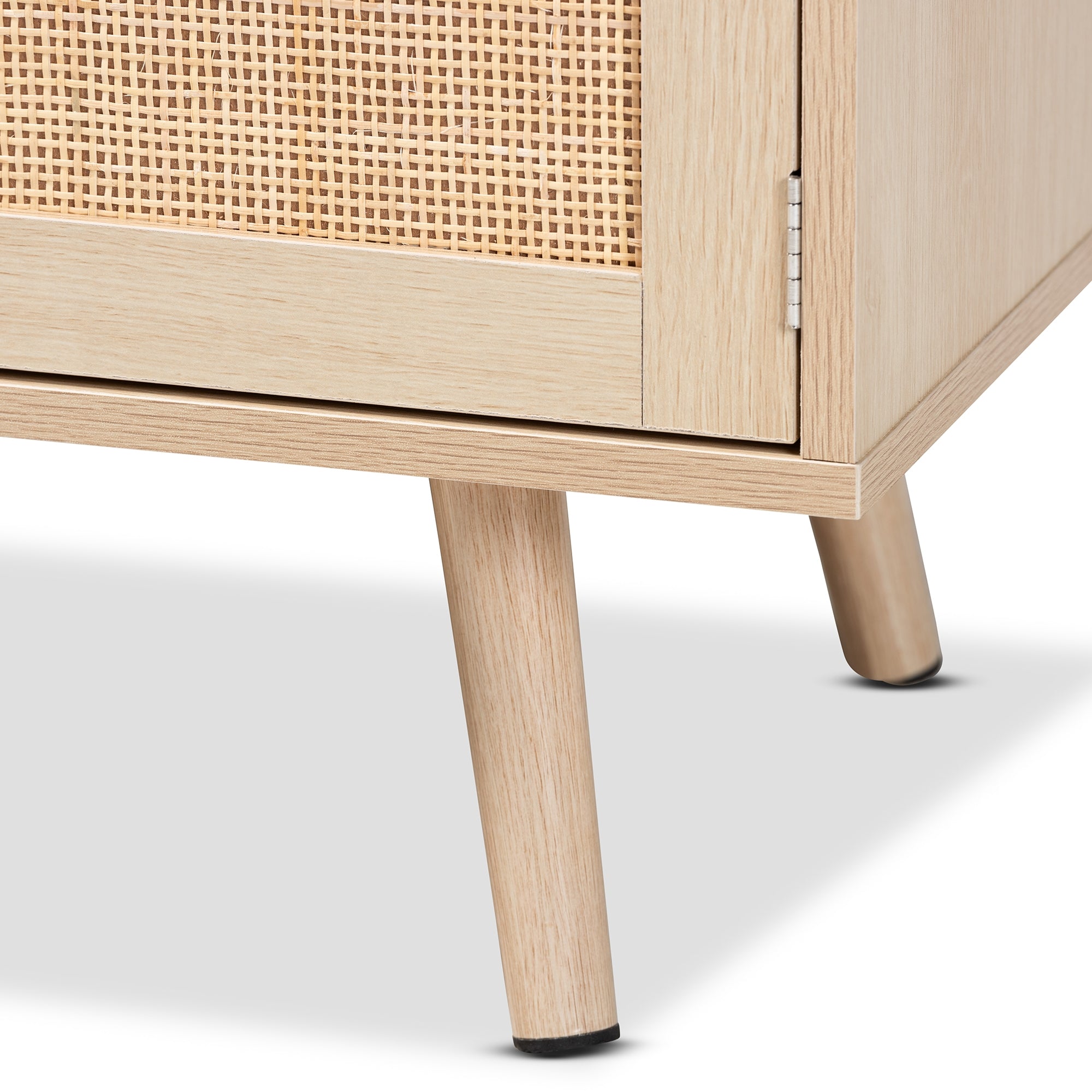 Baxton Studio Sebille Mid-Century Modern Light Brown Finished Wood 2-Door TV Stand with Natural Rattan